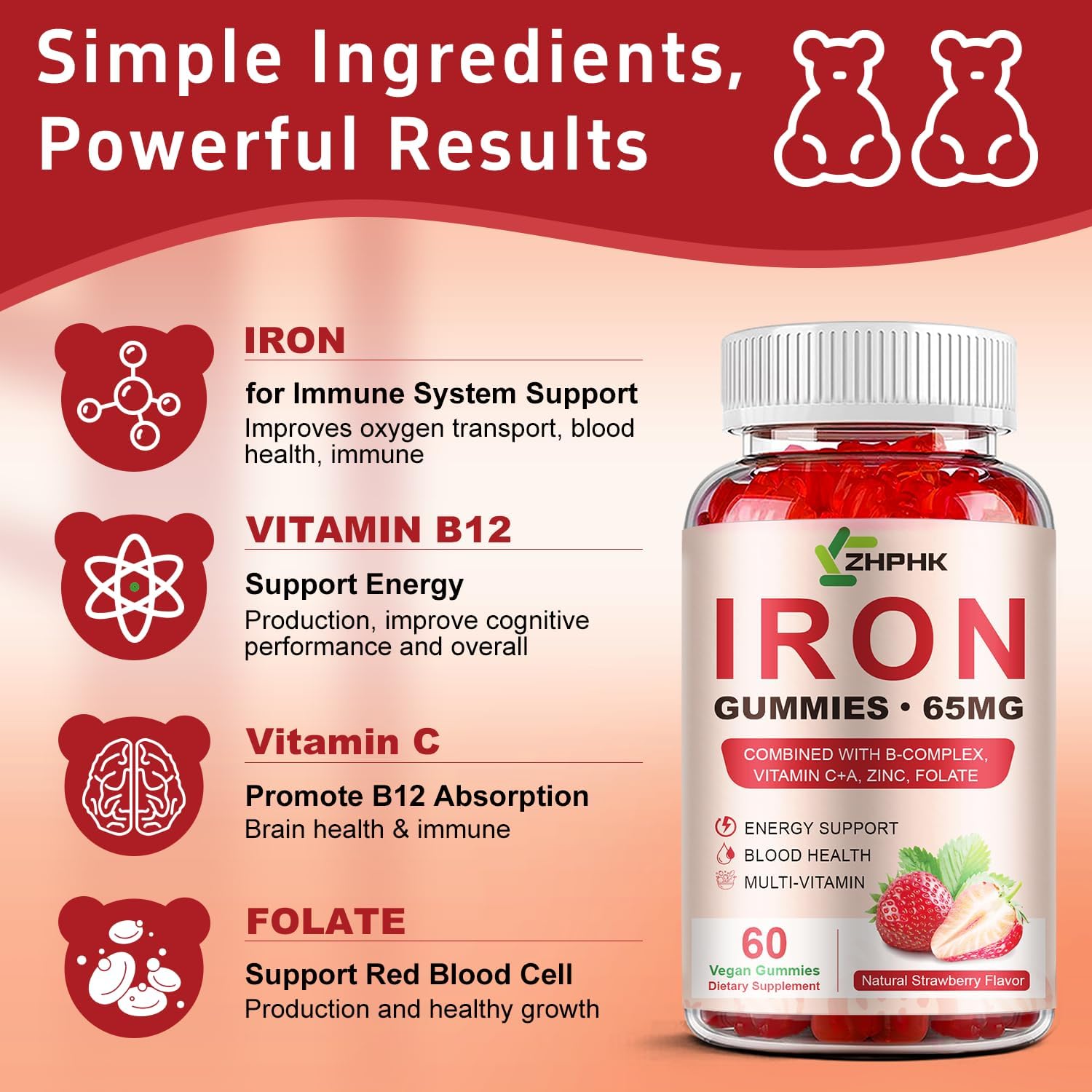 Iron Supplement Gummies, 65mg Iron for Women Men Kids, Natural Vegan Iron Gummy with Folate Gentle on Stomach, Gluten Free, Energy Support & Immune Health, 60 Gummies - Image 4