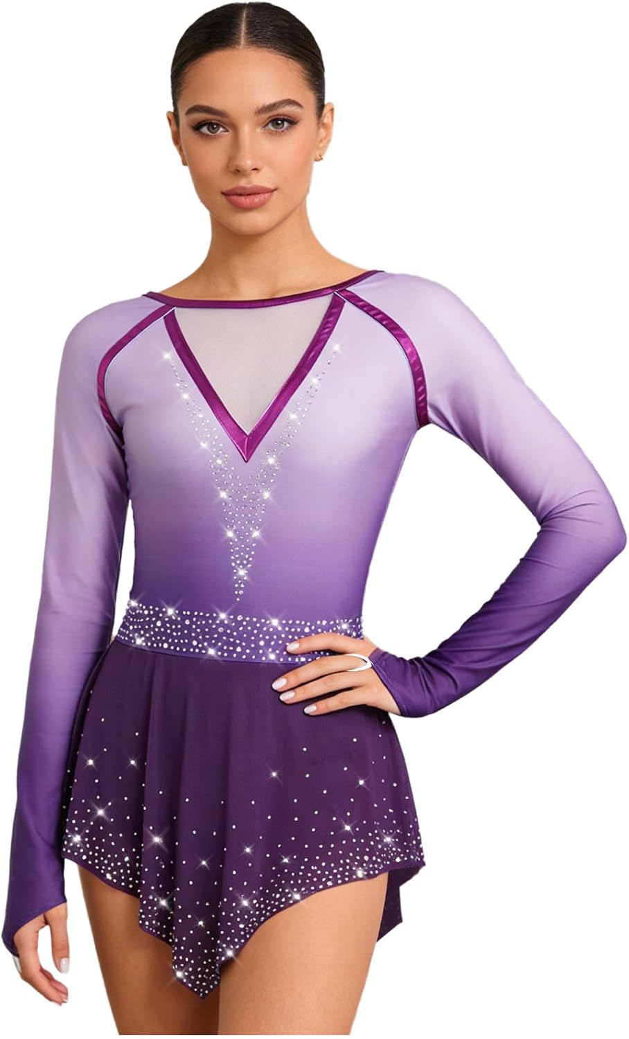 Ice Figure Skating Dress for Women Long Sleeves Gradient Color Competition Skating Dance Costume