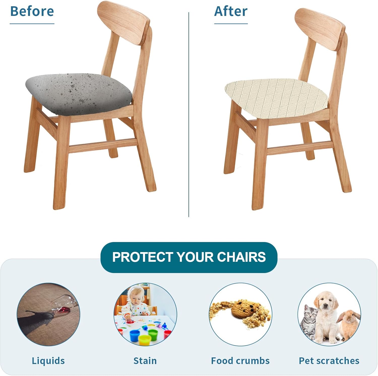 KRFOONN Waterproof Seat Covers for Dining Room Chairs Set of 4 with Dining Bench Cover Jacquard Washable Chair Covers Removable Kitchen Chair Cushion Slipcovers Protector for Dining Room, Beige
