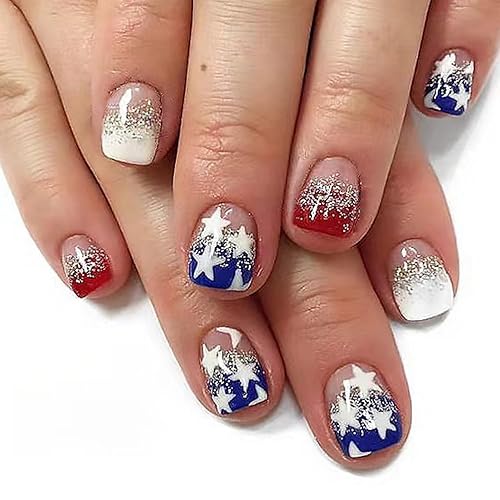 Miniatura 8 de OCOUYVD Uñas postizas largas a presión para el 4 de julio, uñas acrílicas de ataúd rojo, azul y blanco, uñas adhesivas para el Día de la