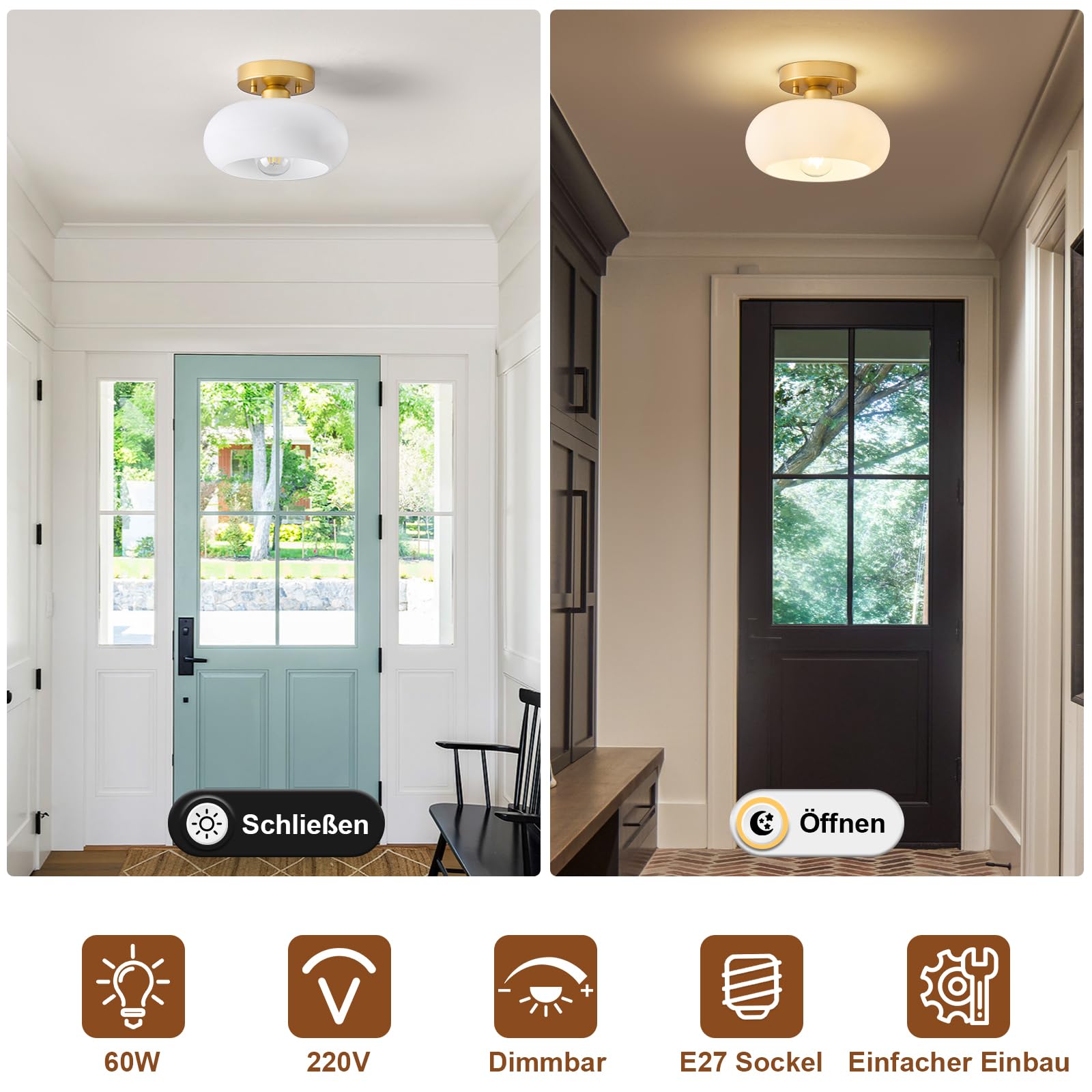 WOKNOS Moderne Weiße Glas Deckenleuchte,Gold Mit Metallsockel,Sockel E27 Deckenlampe,Deckenlampe für Wohnzimmer Schlafzimmer Küche Flur Esszimmer(22CM) | E27-Sockel, ideal zur Beleuchtung von Fluren, Küchen, Schlafzimmern und Wohnzimmern