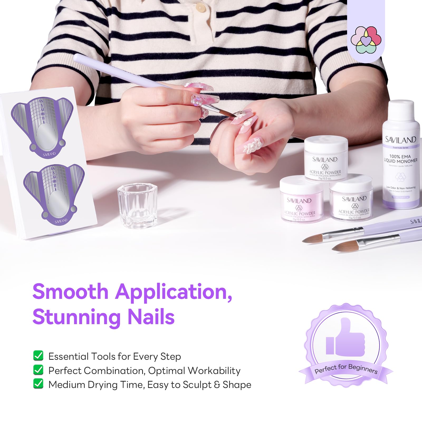 Saviland Kit Poudre Ongle Acrylique Complet: Poudres Acryliques Clair, Blanche et Rose, Monomère EMA, Pinceau Acrylique pour Débutantes, Idéal pour Extensions, Nail Art 3D et Manucure DIY à Domicile