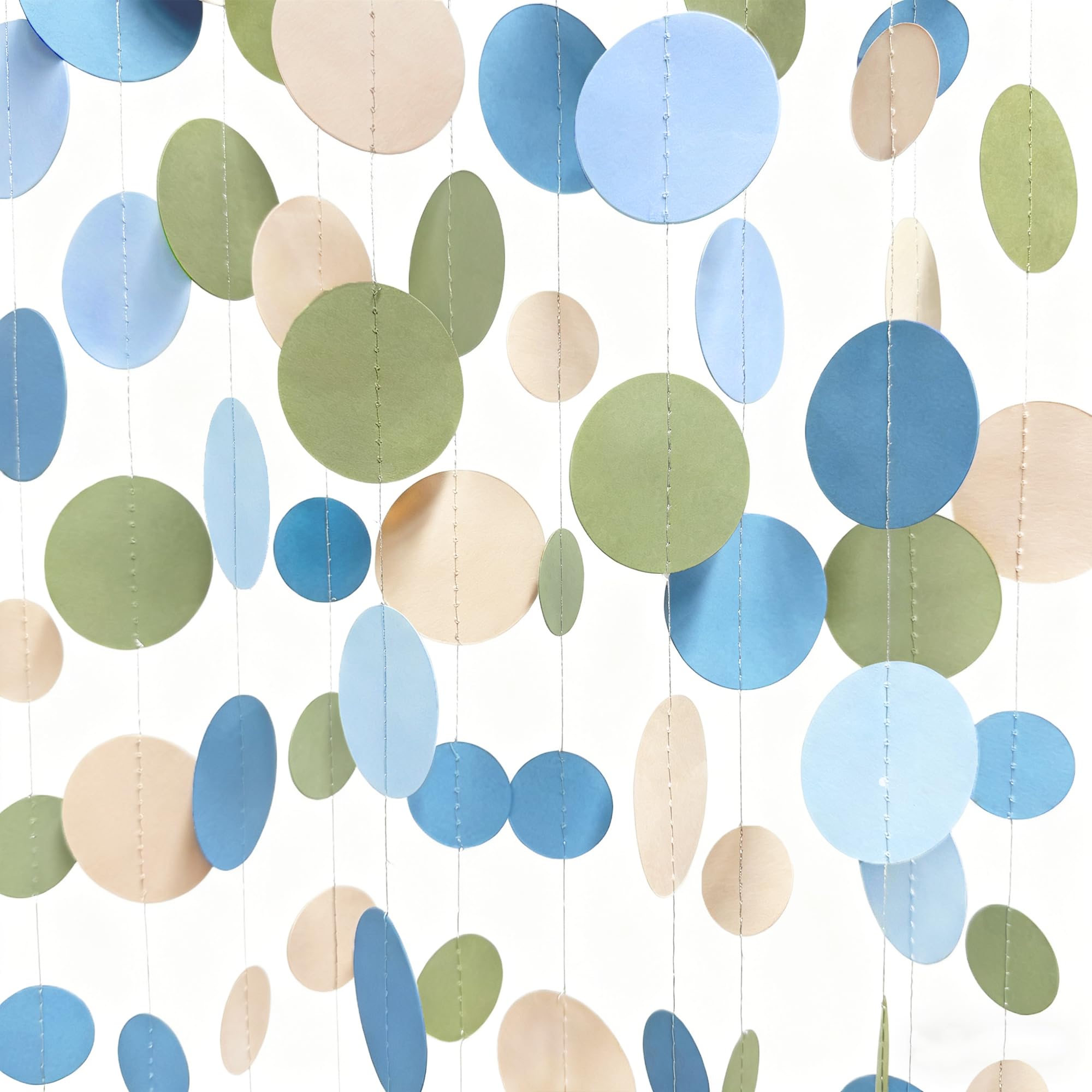 46Ft Dusty Blue Sage Green Beige Circle Dots Garland Party Decorations Olive Green Dusty Blue Cream Nude Hanging Paper Polka Dots Streamer for One Silly Goose Birthday Wedding Bridal Baby Shower Party