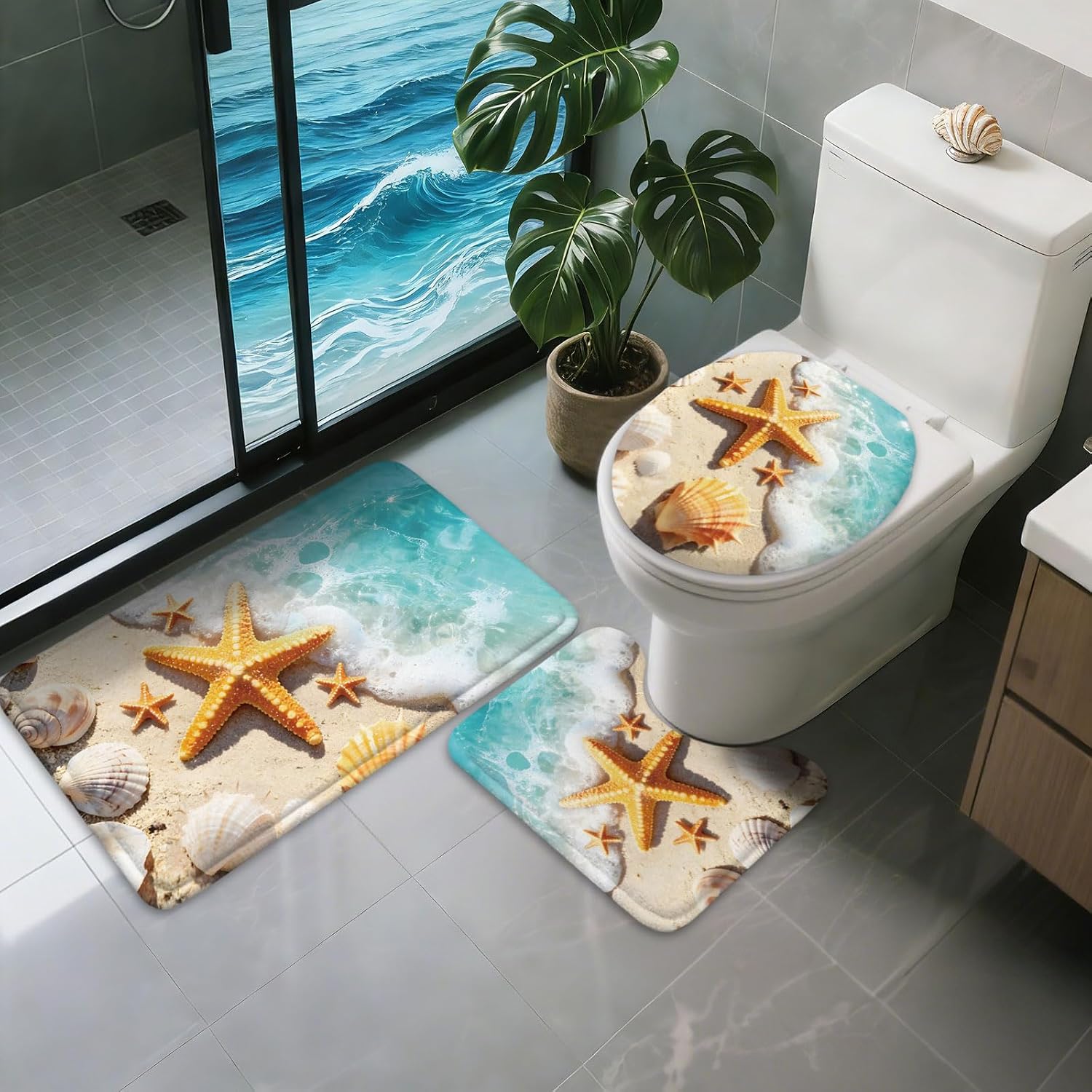 peacoblue Starfish and Conch Shells Bath Mats for Bathroom Rugs Sets 3Pcs with Toilet Lid Cover, Non Slip Bath Rug and Contour Mats Sets, Washable Toilet Carpet for Bedroom Kitchen Tub Home Decor
