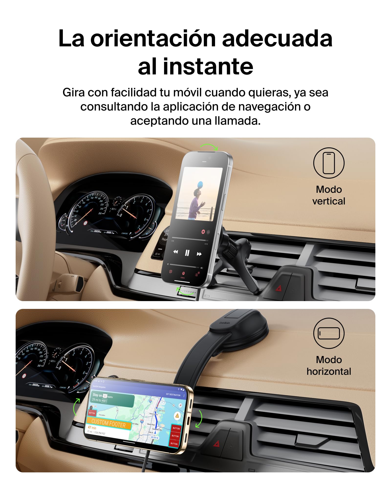 Belkin Cargador Coche Carga Rápida con Soportes para Rejilla de Ventilación y Salpicadero, Cable USB-C, Cargador Magnético Inalámbrico Qi2, MagSafe, iPhone 17, Pixelsnap y Galaxy S25 - Negro