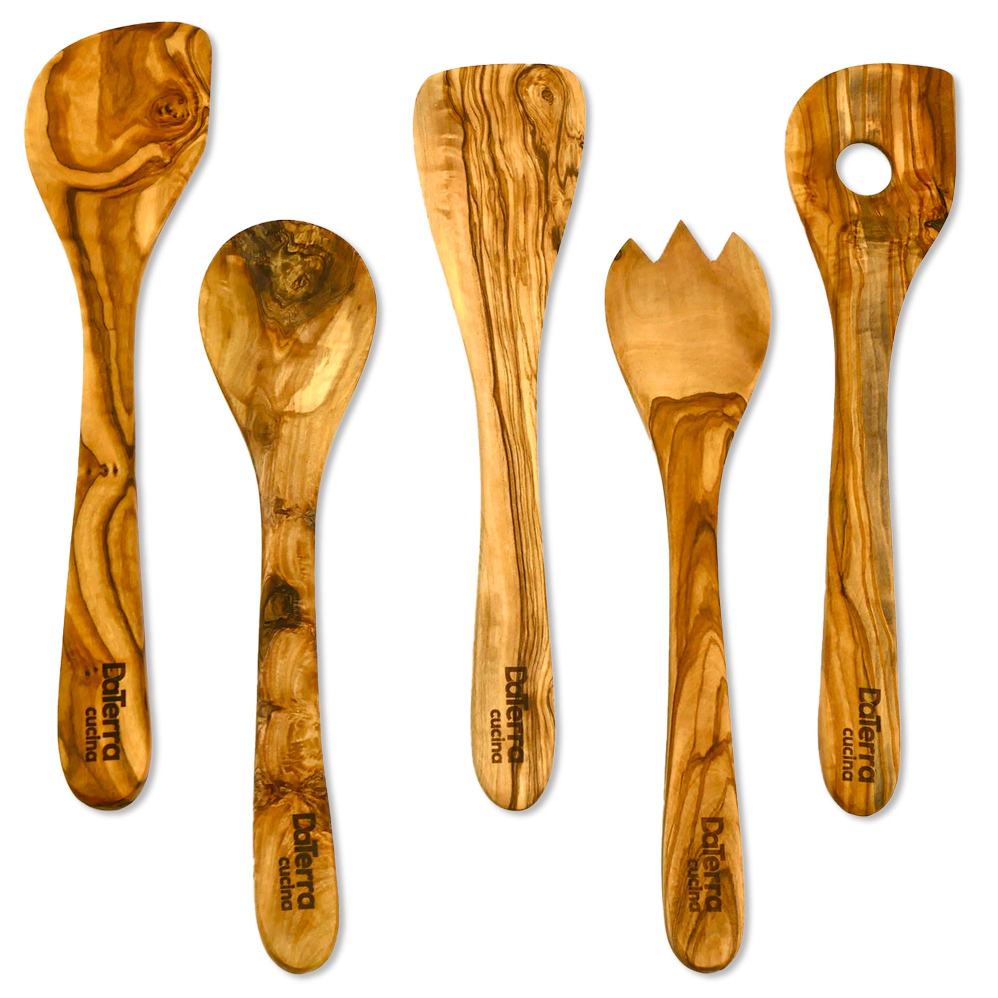 12-Inch Olive Wood Cooking Tools – 5-Piece Wooden Kitchen Utensils Set with Spoons, Spatulas & Cooking Tools – Wood Kitchen Utensils Set for Cooking – Crafted Wood Essentials by DaTerra Cucina