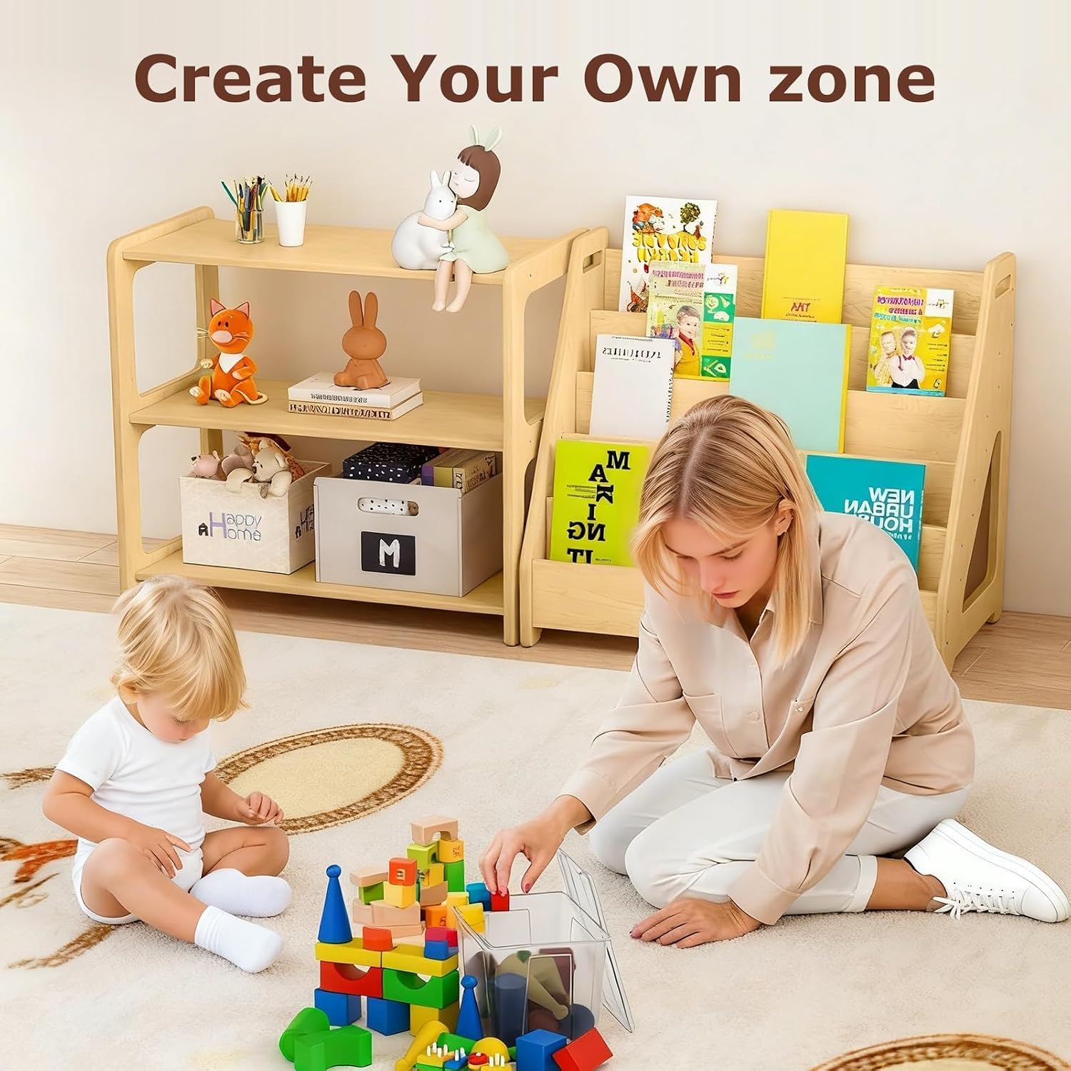 Montessori Storage Organizer 2 Piece Set Wooden Kids Book Toy Display Rack | Forward facing 3 tier configuration optimizing visual book selection alongside lower open storage bins for toy blocks