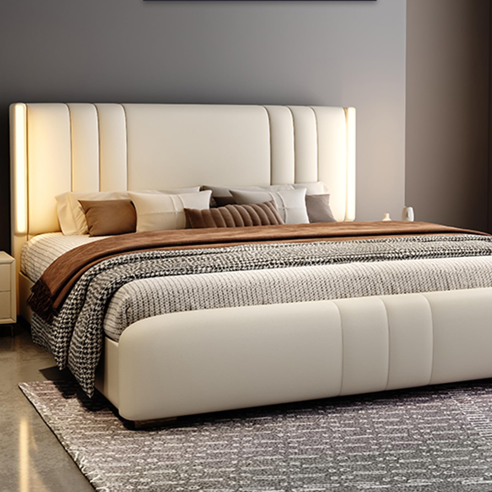 White King Size Genuine Leather Wood Bed Upholstered Platform Bed Frame with Headboard and Drawers Wooden Slats Support