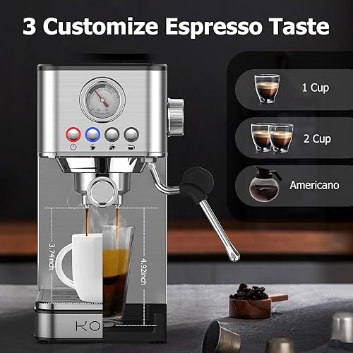 Miniatura 5 de KOIOS Máquina de café expreso con varita de vapor, cafetera compacta de 20 bares, máquinas de café expresso de acero inoxidable con tanque de agua