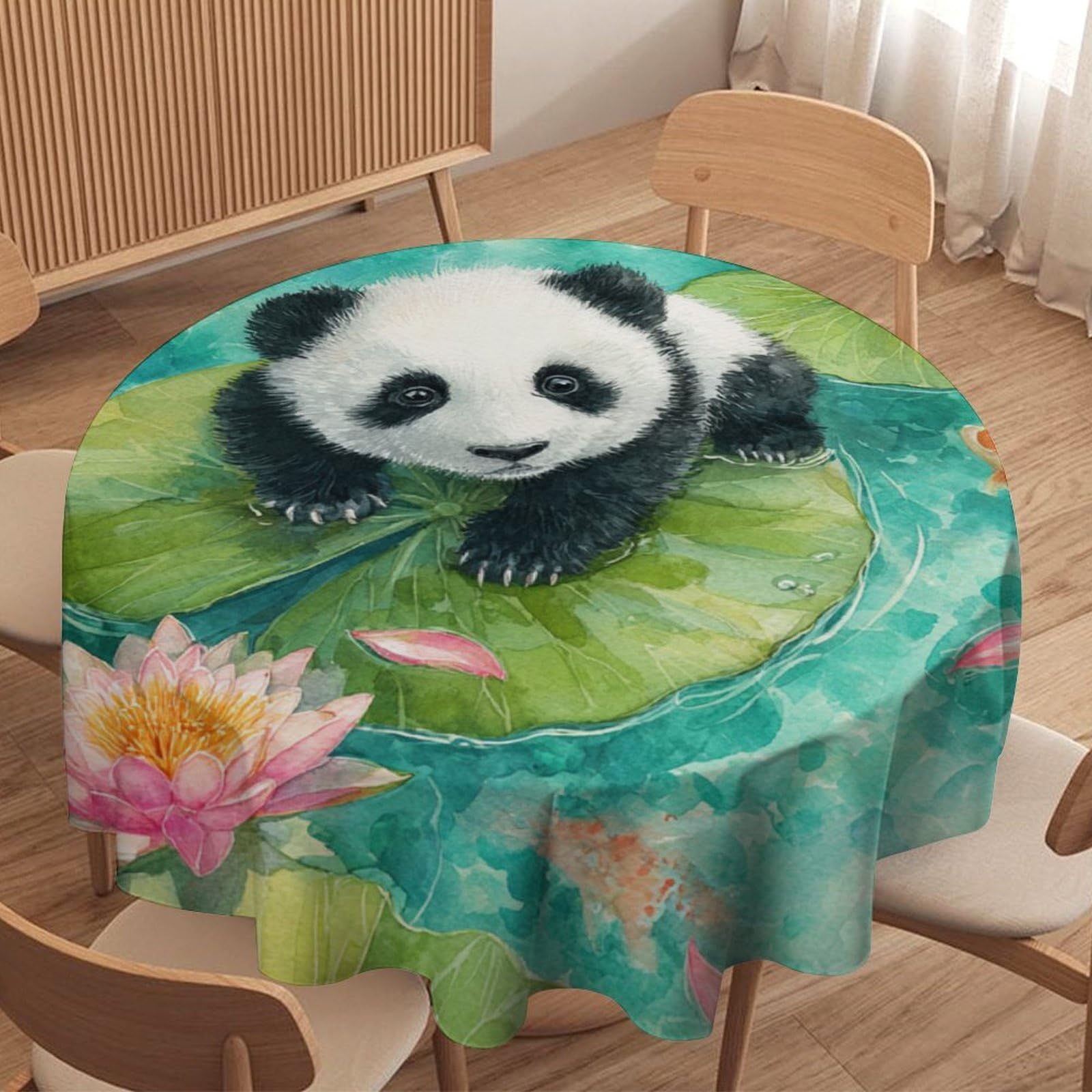 LUYYSKY Classic Anime Cute Panda Waterproof Round Tablecloth Abstract Watercolor Natural Lotus Flowers Animal Panda Fish Washable Table Cover for Kitchen-127 Wx127 L cm