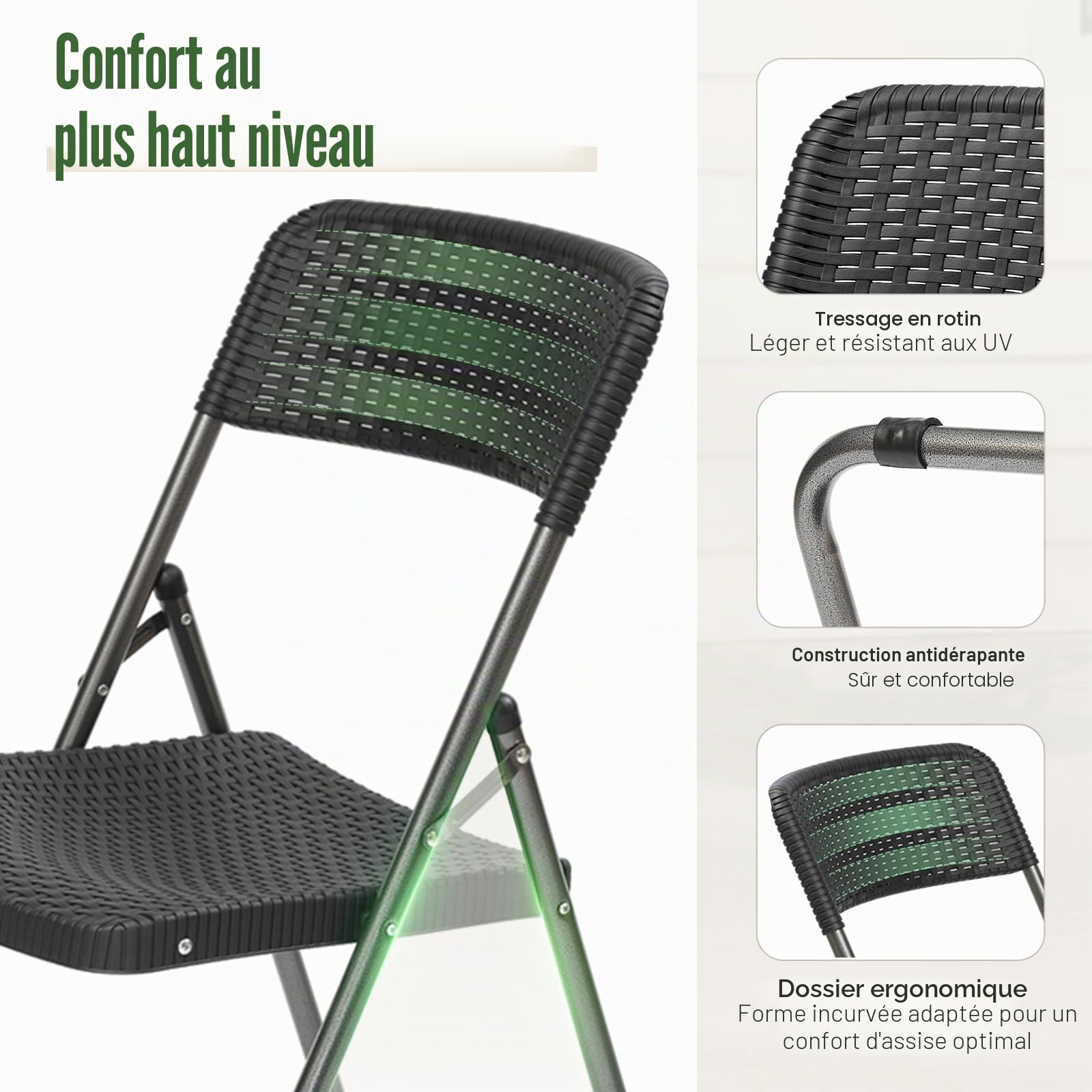 Sekey 4 Chaises Pliantes, Chaise de Balcon en Résine Tressée, 46 x 53 x 84cm, Jardin Balcon Camping, 200 kg de Charge, Noir