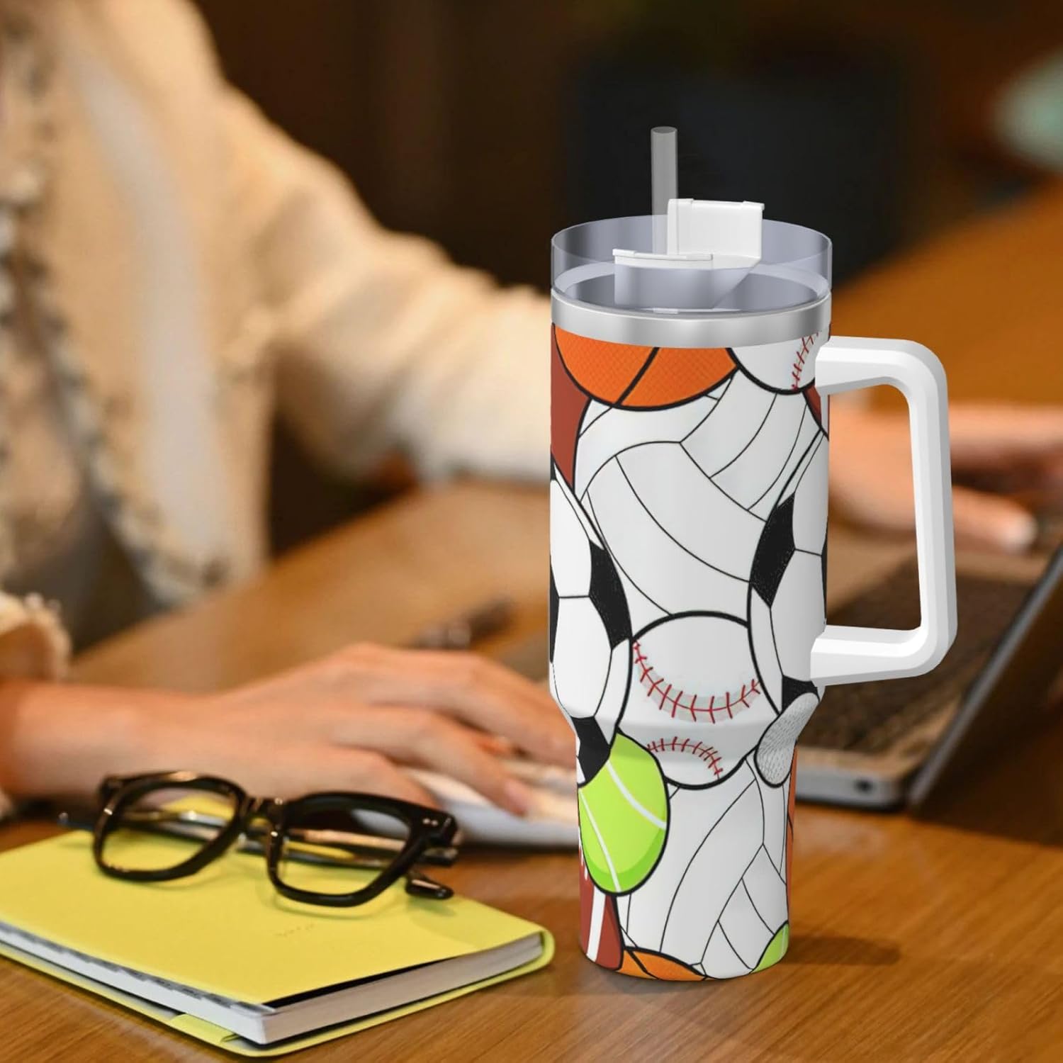40 OZ Sports Ball Print Ice Bully Cup with Handle Straw Lid Straw,Stainless Steel Tumbler Coffee Cup