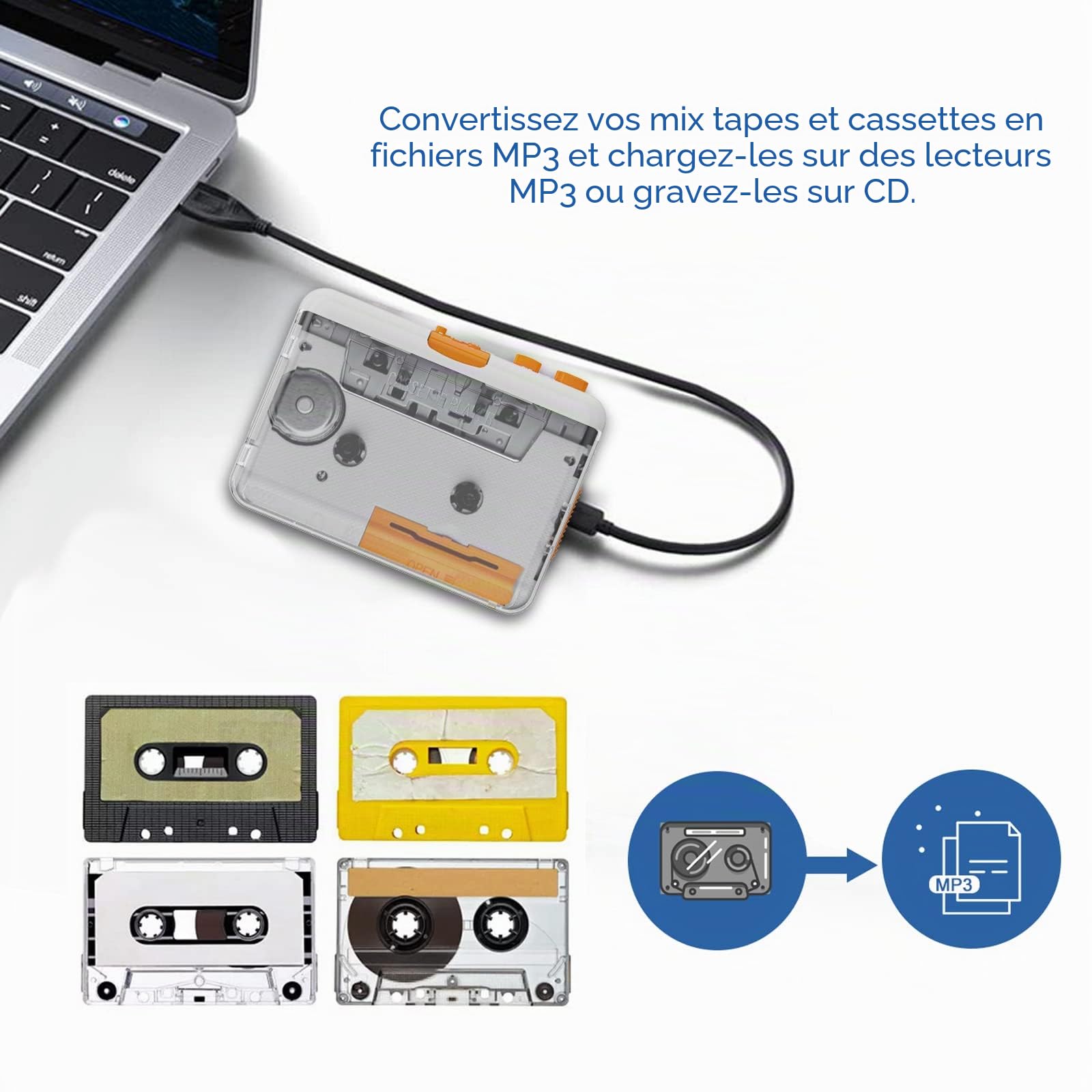 Docooler Lecteur de cassettes portable – Cassette vers MP3/CD via USB Compatible avec les ordinateurs portables et PC, 218SP Cassette Tape-to-MP3 Converter