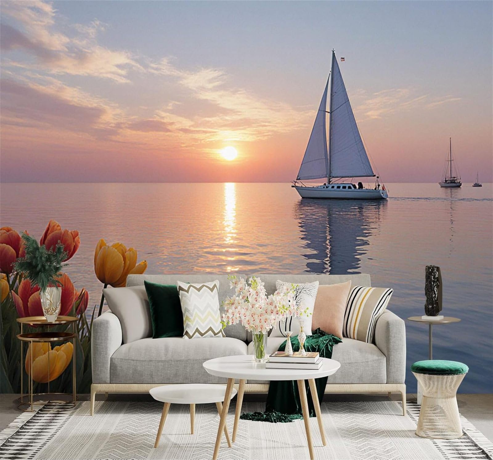 XLMING Beautiful Calm Sea Sailing Boat Sunset Tulips 3D Wallpaper Premium Textured Silk Study Dining Living Room Bedroom Sofa TV Wall Easy Install-250cm×170cm