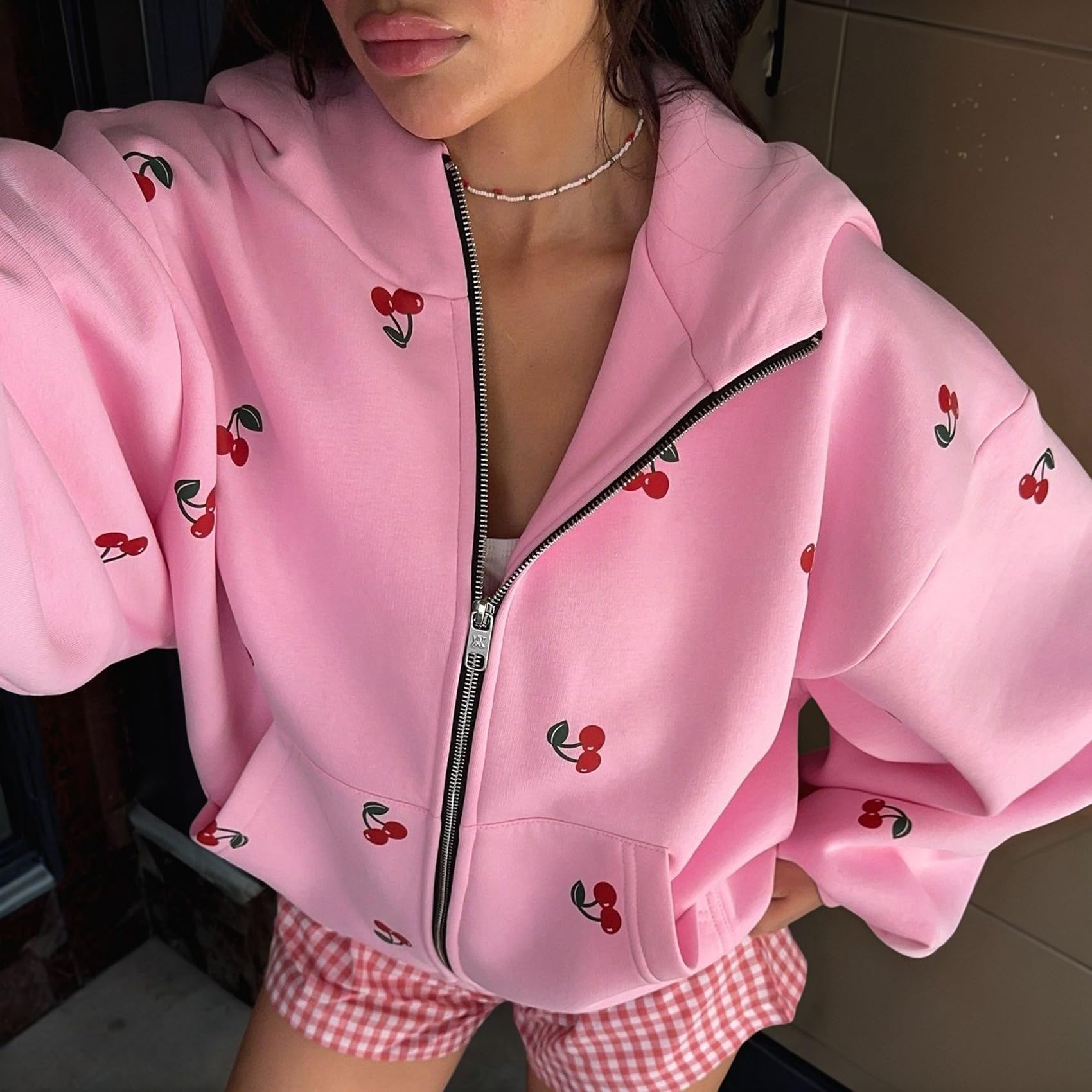 Sudadera con Capucha y Cremallera para Mujer, con Estampado de, Larga y Corte Oversize, Estilo Y2K Rosa M
