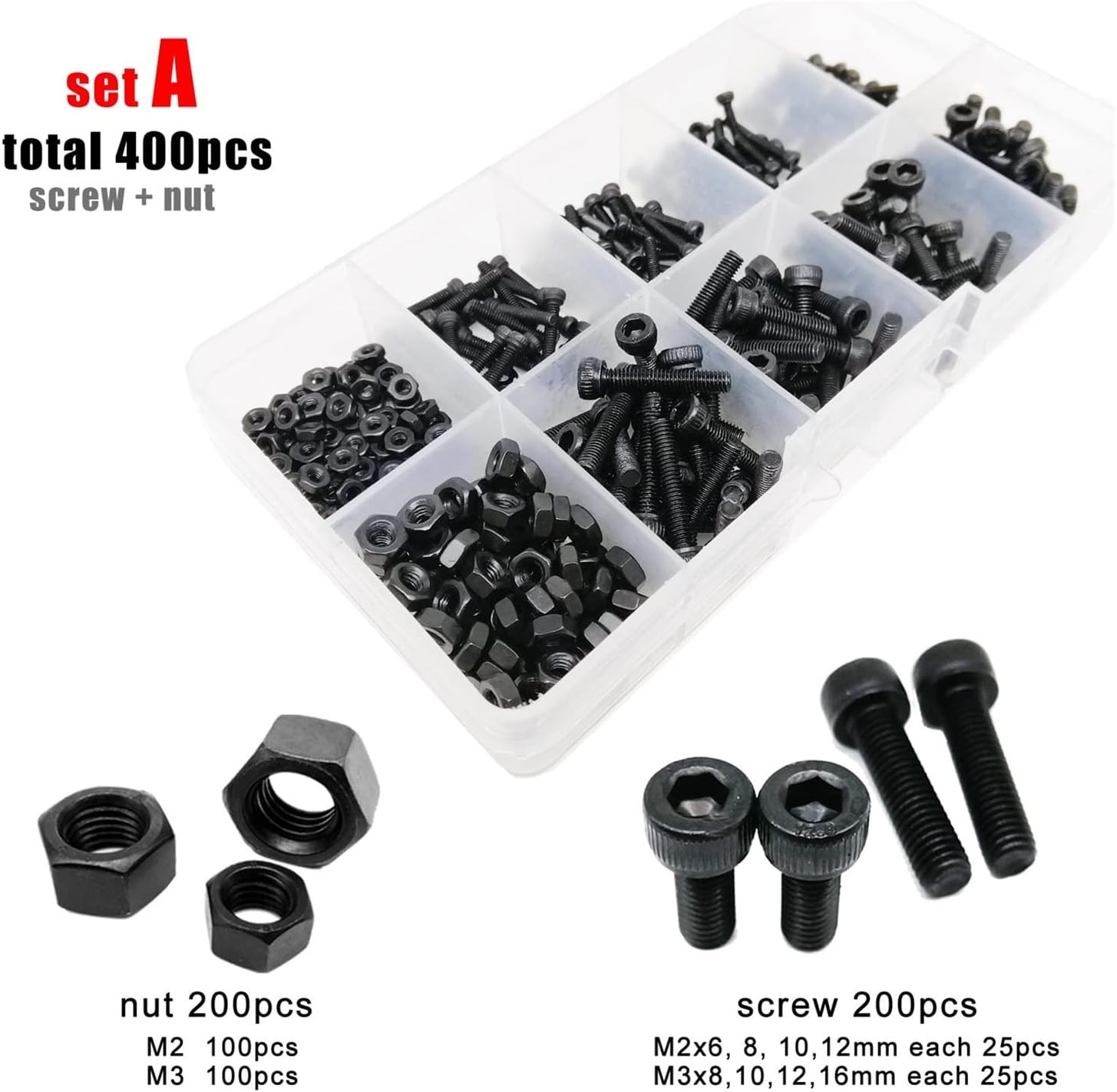 Wshao Store 400/2100pcs M1.6 M2 M2.5 M3 M4 Black Grade 12.9 Steel Hexagon Hex Socket Cap Head Screw Bolt Nut Washer Set Assortment Kit (Color : Set A 400pcs)