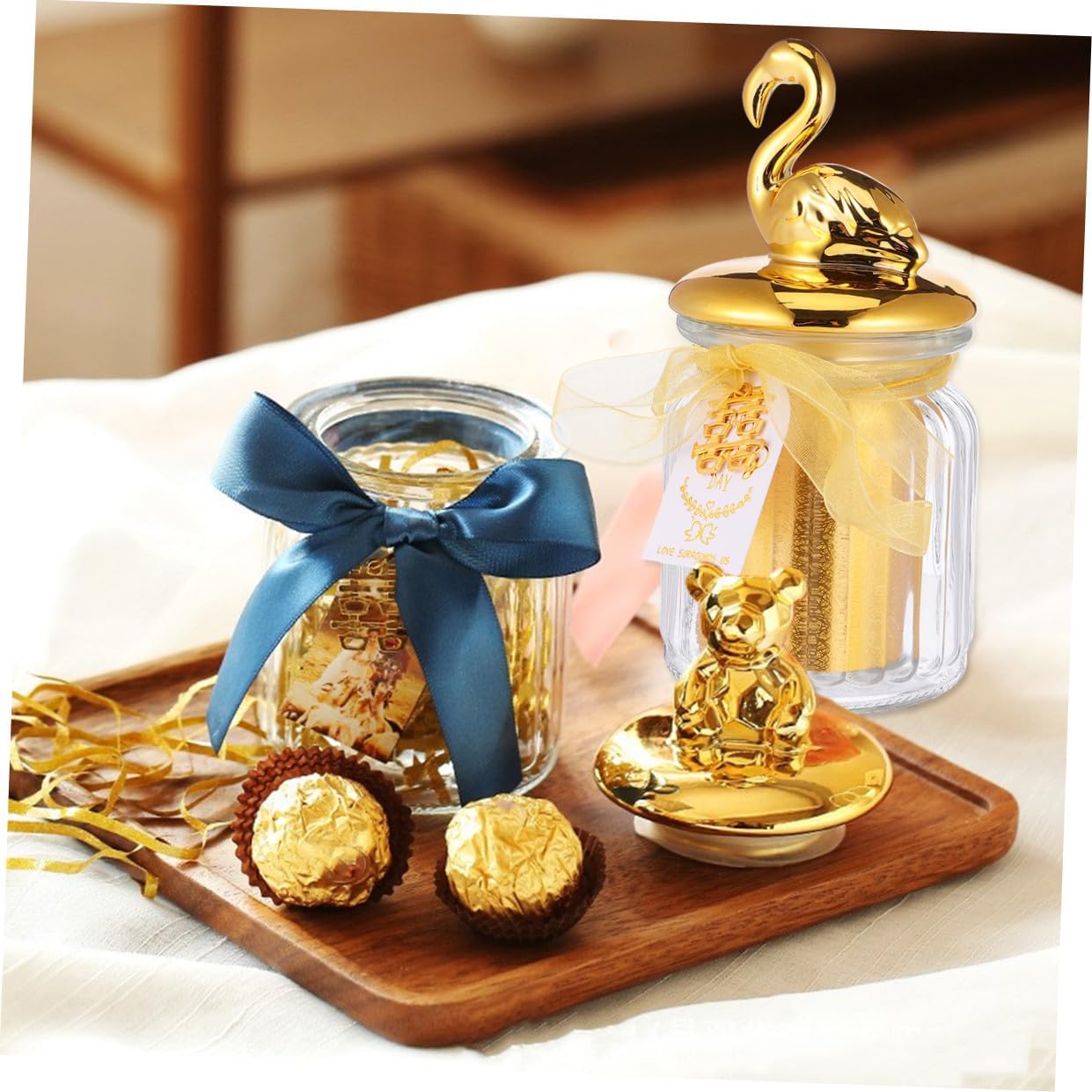 Wedding Ceramic Candy Jar with Glass Canister and Gold-plated Sealed Lid, Flamingo Animal Design, Decorative Glass Snacks Box for Wedding Favors and Candy Storage