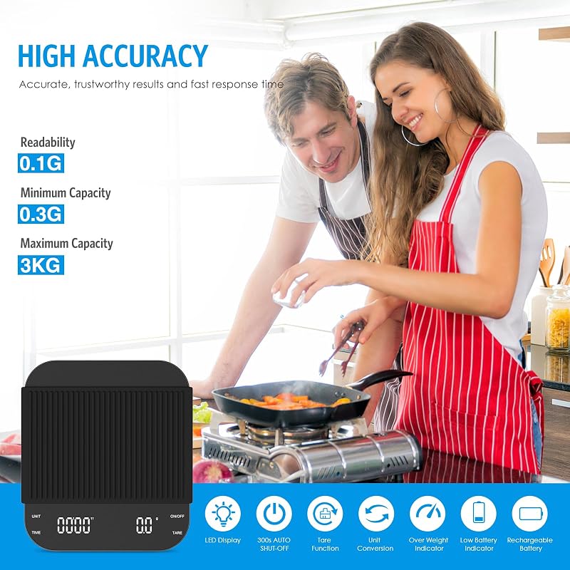 Brifit Kávé Mérleg Időzítővel - 3kg/0,1g Precíziós Konyhai Digitális Mérleg, LED Kijelző, USB Tölthető, Tára Funkcióval, Érintőgombos