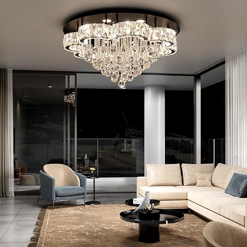 Miniatura 11 de Flashing God Candelabros de cristal cromado de 48 pulgadas para sala de estar y entrada, lámpara de techo moderna de cristal con flores para