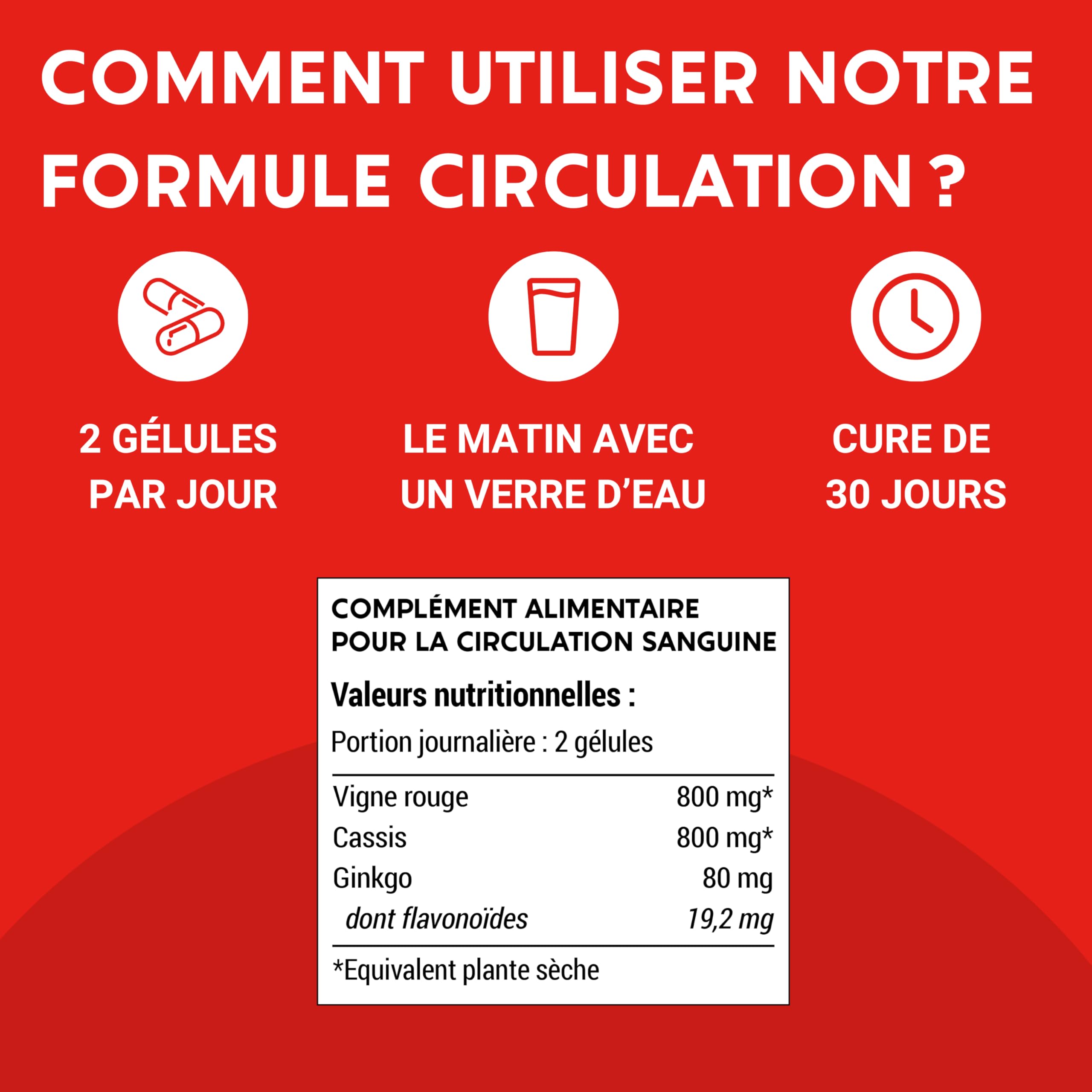 FORMULE CIRCULATION Sanguine, veineuse | Jambes lourdes, Rétention d'eau | Vigne Rouge (hautement dosé), Cassis, Gingko Biloba | 60 gélules | Complement alimentaire