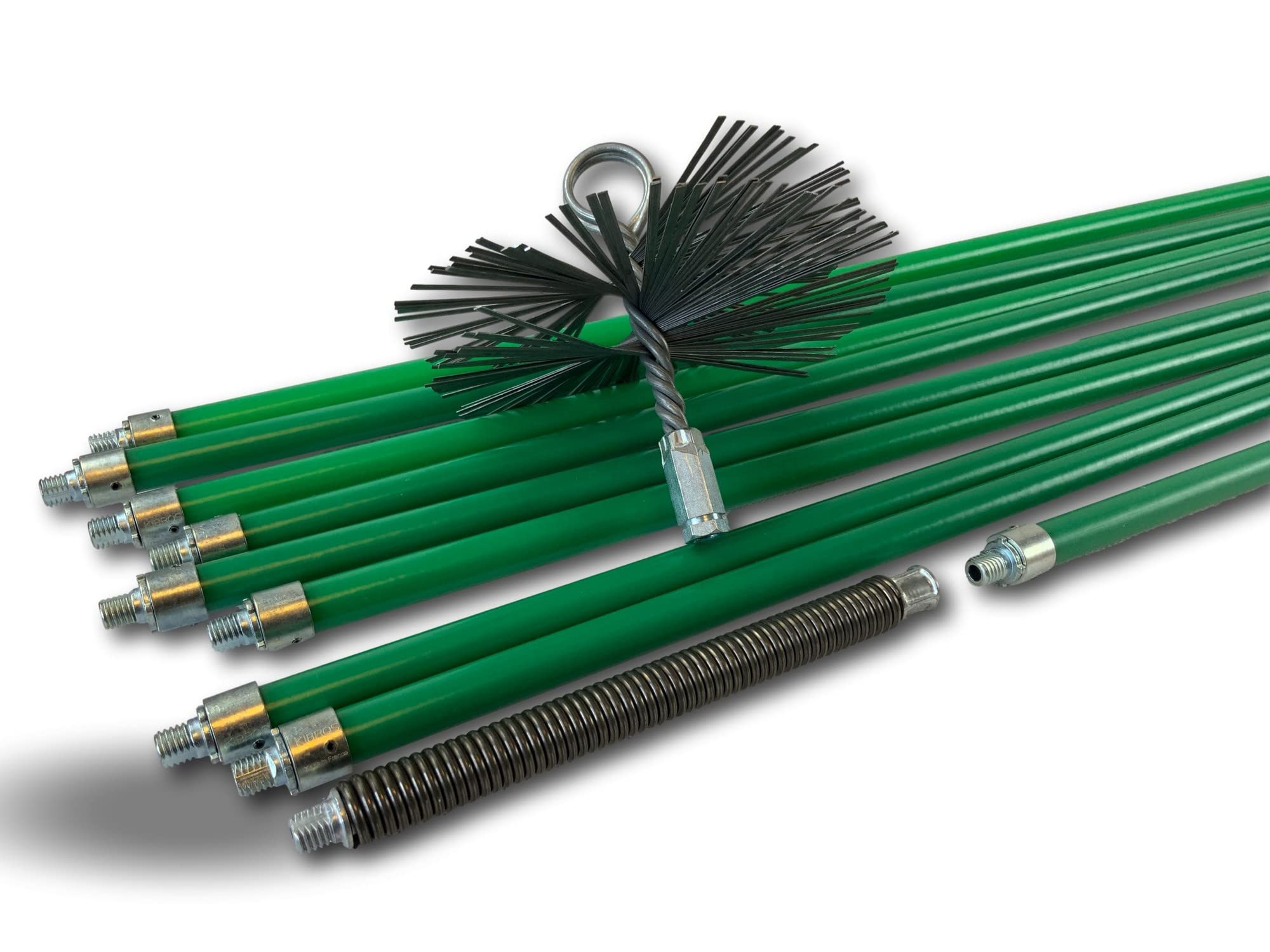 Kibros Kit spazzacamino pro non intubata scovolo acciaio Ø 180 mm 9 aste | Scovolo acciaio piatto, 9 aste verdi cave Ø 18 mm (8×1,4 m + 1×1 m), 12,20 m, canne fumarie non intubate.