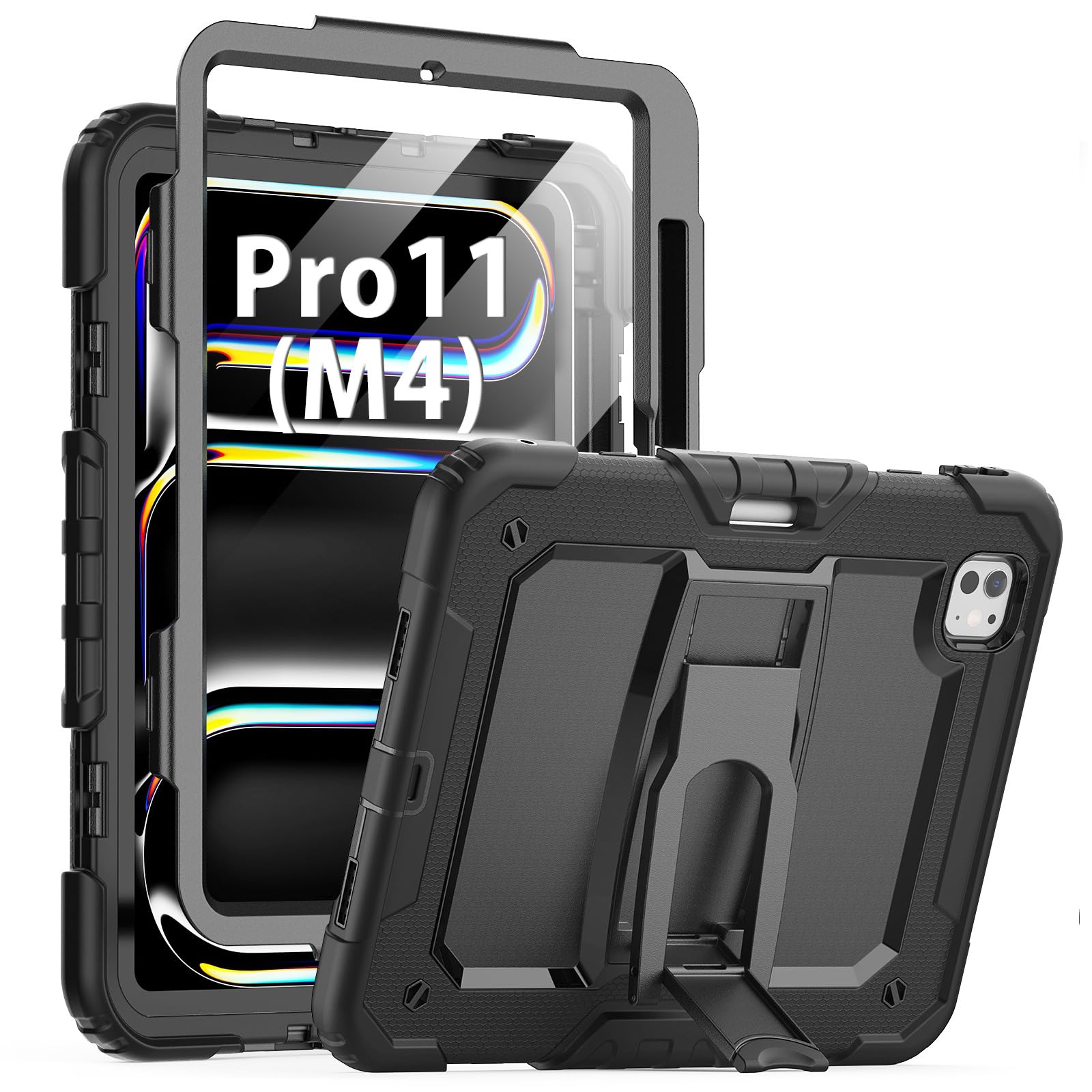 Timecity 対応 ケース iPad Pro 11インチ ケース (M4、2024) 第5世代 耐衝撃 iPad Pro11 スタンド付き 2024モデル 横置き 縦置き 保護フィルム ペン収納付き Pencil Pro対応 頑丈 仕事 現場 子供 三層保護 便利 11インチiPad Pro M4 カバー (ブラック)