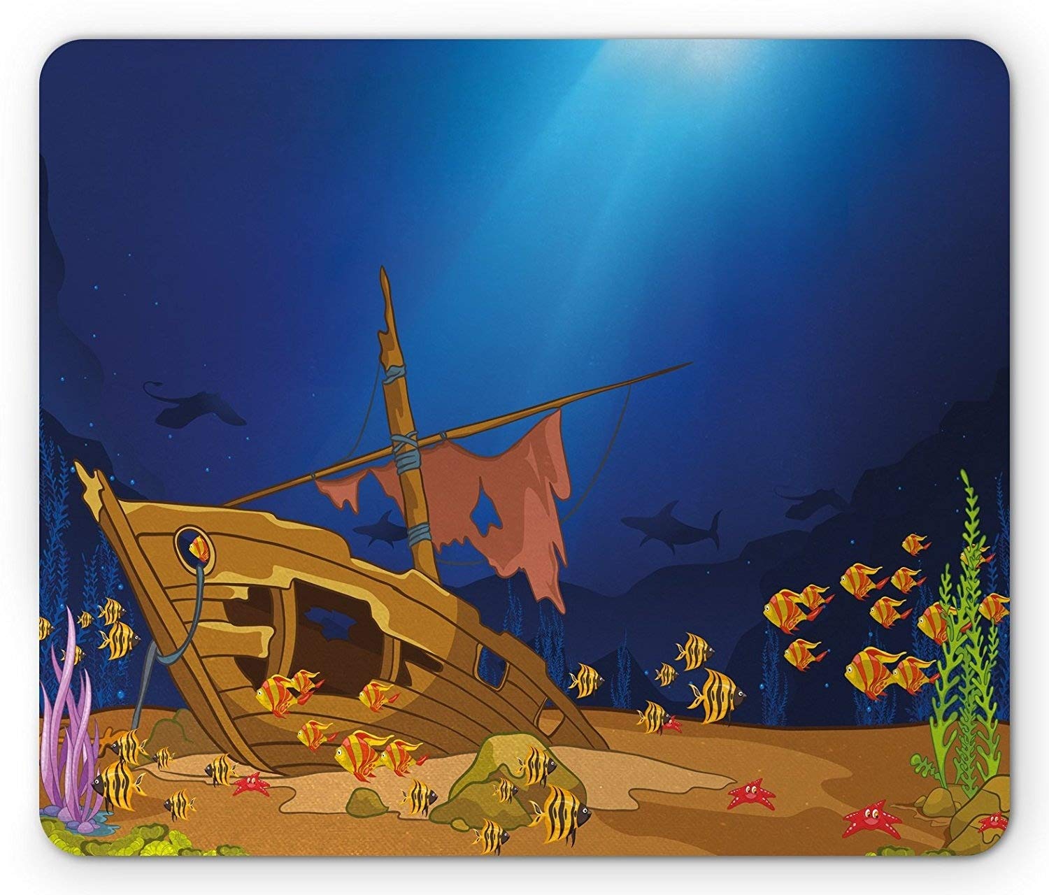Ocean Mouse Pad, Cartoon Underwater World with a Old Sunken Ship Colorful Tropical Fishes and Plants