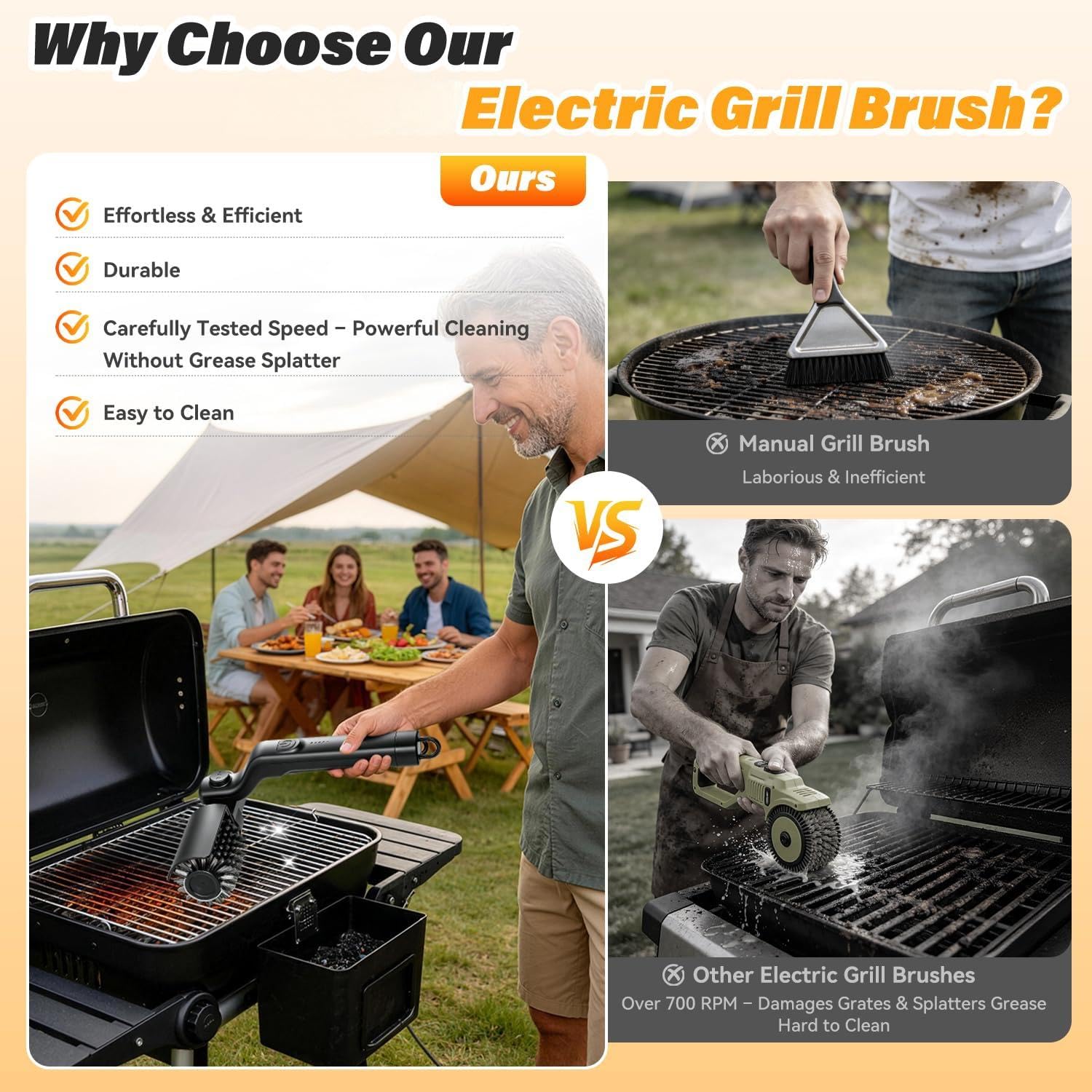 Elektrische Grillbürste, Kabelloser Grillreiniger Elektrisch mit 3 Reinigungsstufen, 180 Min Laufzeit, 180° Winkel, USB-C Wiederaufladbar, 2 Bürstenköpfe für Grillrost, BBQ und Outdoor Grill