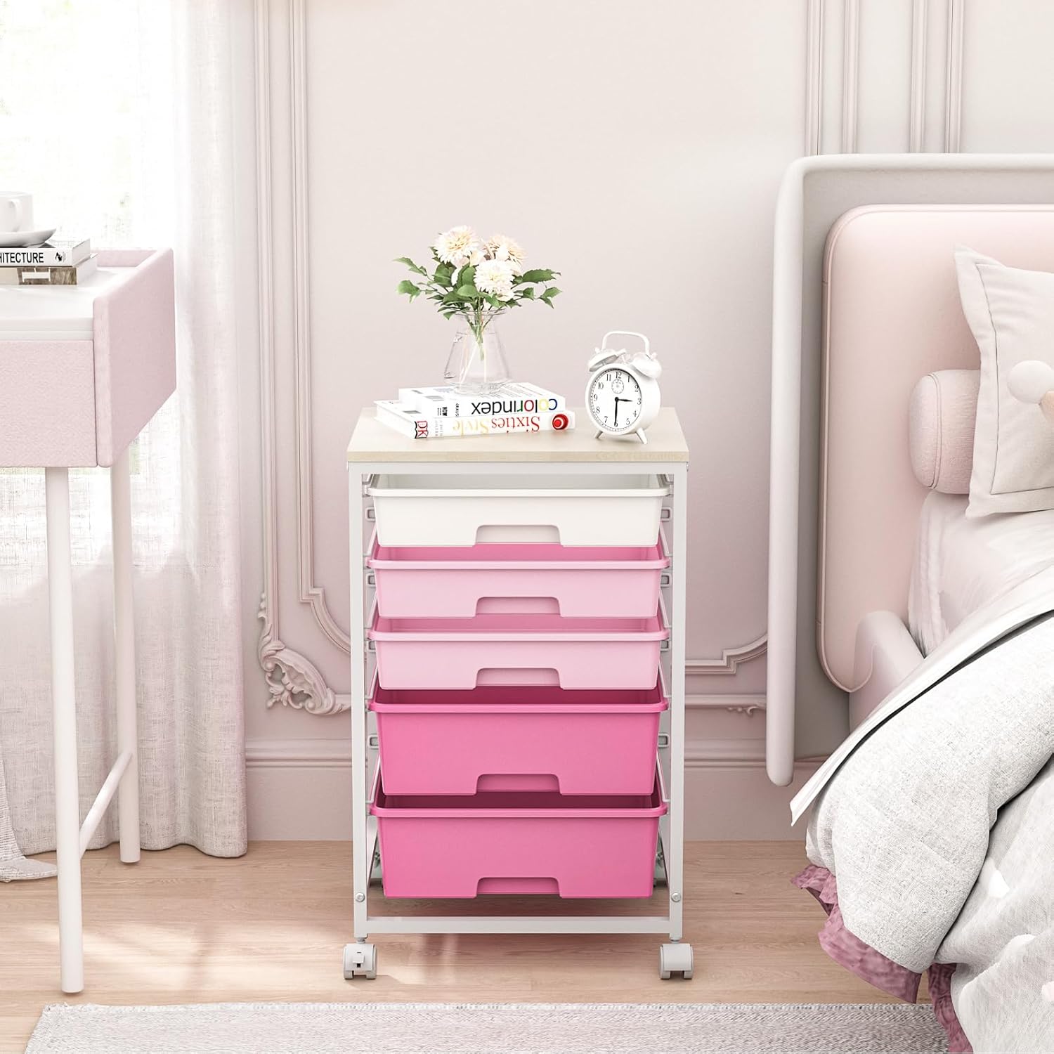 utility cart with 5 drawers,storage drawer cart with wooden tabletop and lockable wheels,craft storage trolley cart,5-tier rolling utility cart on wheels,rose pink