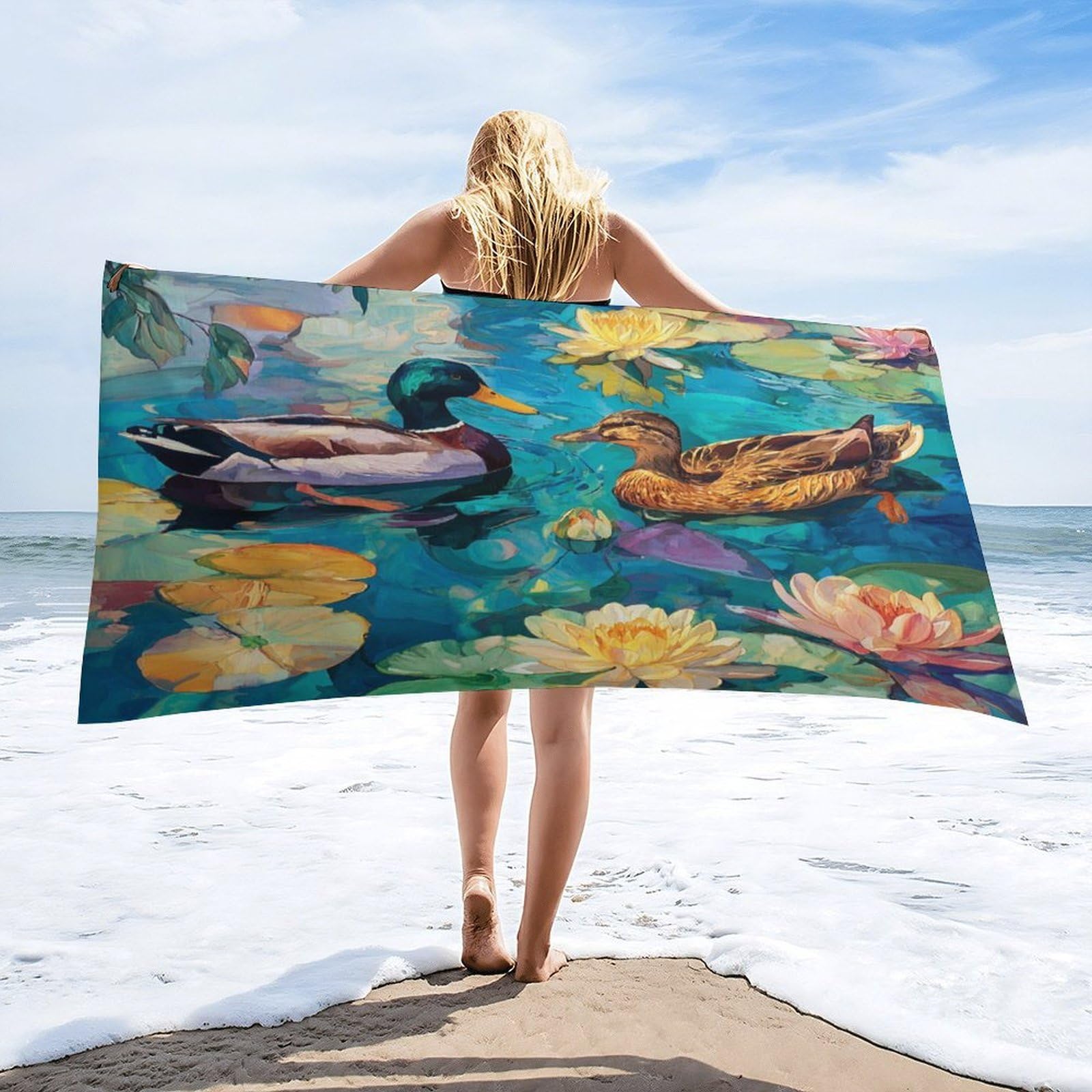 Luyysky Retro Rustic Animal Duck Absorbent Beach Towel, Beautiful Realistic Plant Lotus Flowers Wildlife Mallard Outdoor Single-Sided Velvet Beach Towel-80 W Cm X 160" L Cm