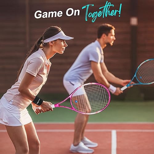 Miniatura 7 de Juego de raquetas de tenis de 27 pulgadas, raquetas de tenis preencordadas para 2 jugadores para adultos, 2 cintas de sobreagarre, 3 pelotas, 2