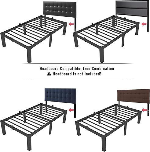 Miniatura 6 de Marco de cama individual de 14 pulgadas, marco de cama de plataforma de metal resistente con tapón deslizante para colchón, fácil montaje, marcos de