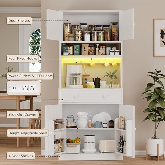 Korfile 71 Tall Kitchen Pantry Storage Cabinet with Power Outlet & LED Light, Freestanding Food Pantry Cabinet with 4 Doors and Shelves, Cupboard with Drawers, Hutch with Microwave Stand, White
