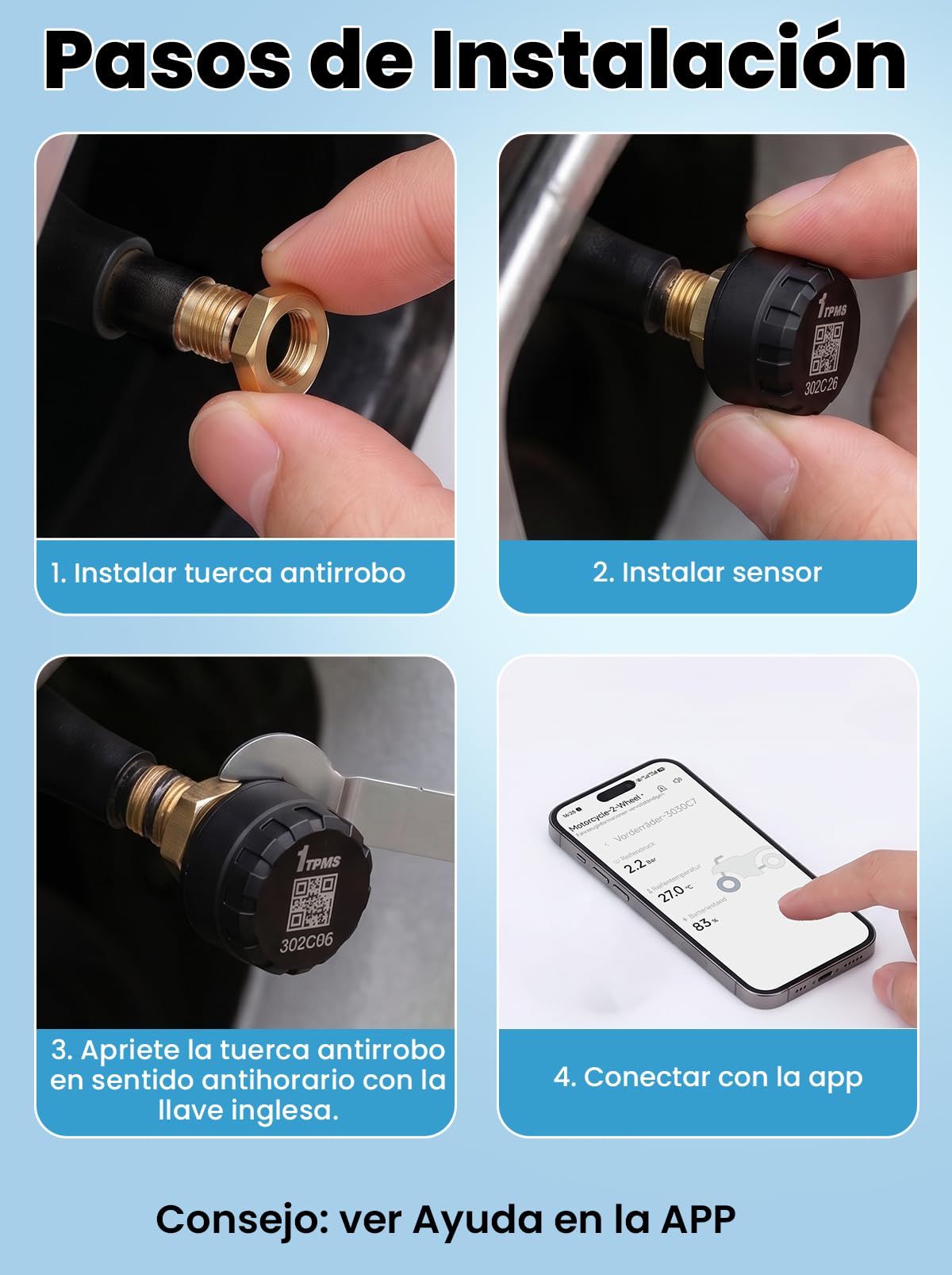 de Monitoreo de Presión de Neumáticos Sensores de Presión de Neumáticos Inalámbricos TPMS para Motocicletas y Automóviles con Aplicación Función de Alarma de Temperatura de (2PCS)