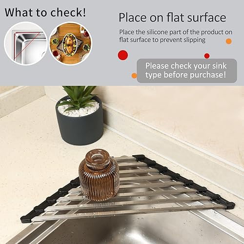 Miniatura 6 de Escurridor de platos triangular para fregadero de esquina enrollable, plegable, de acero inoxidable, multiusos, para colocar sobre el fregadero,