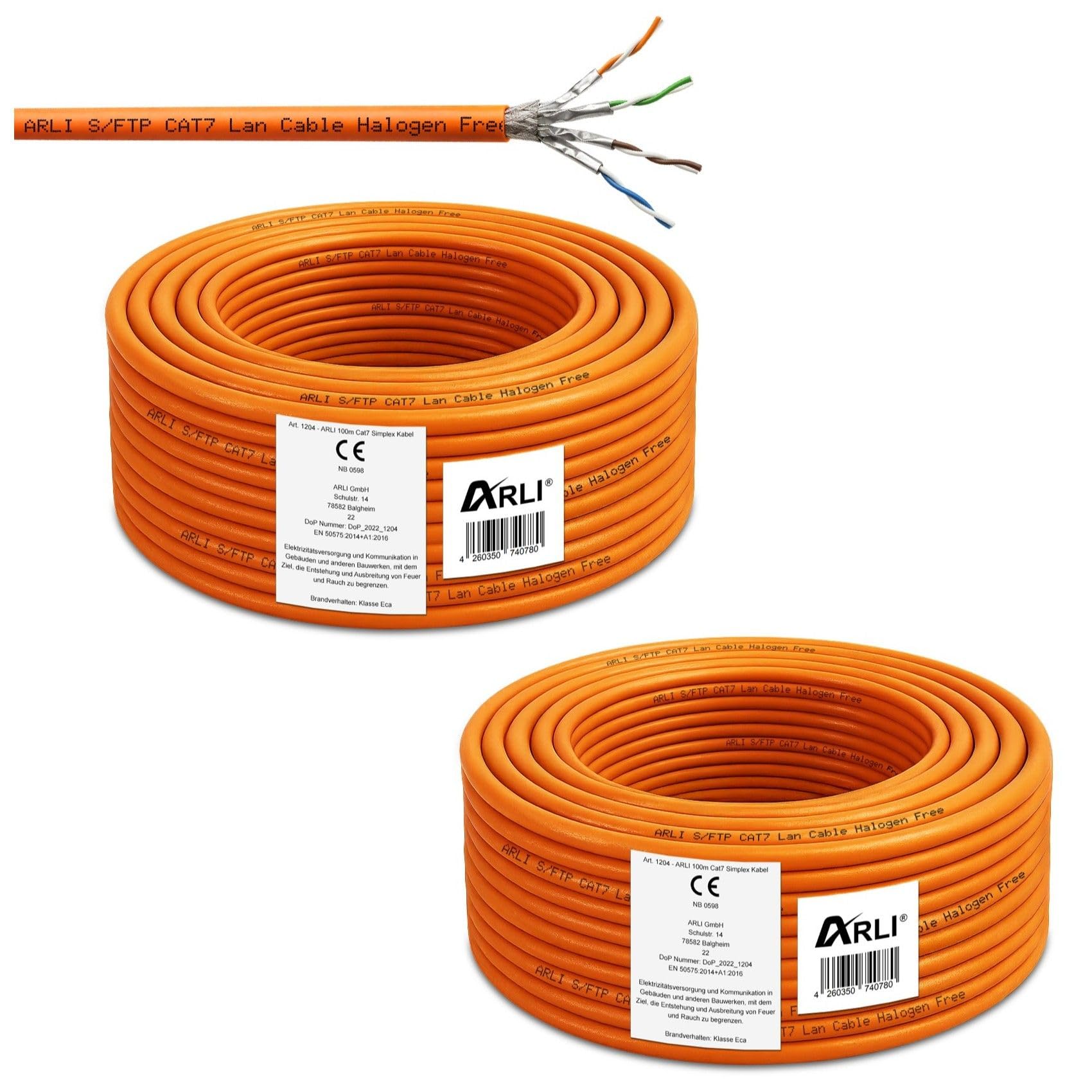 ARLI - Cavo di Rete Cat 7 LAN Non alogeno SFTP S/FTP CAT7 PIMF Cavo di Rete Cavo Dati CAT7 AWG23/1 Arancione schermato Gigabit Rame Ethernet Classe F Arancione Orange 200m (2 x 100m)
