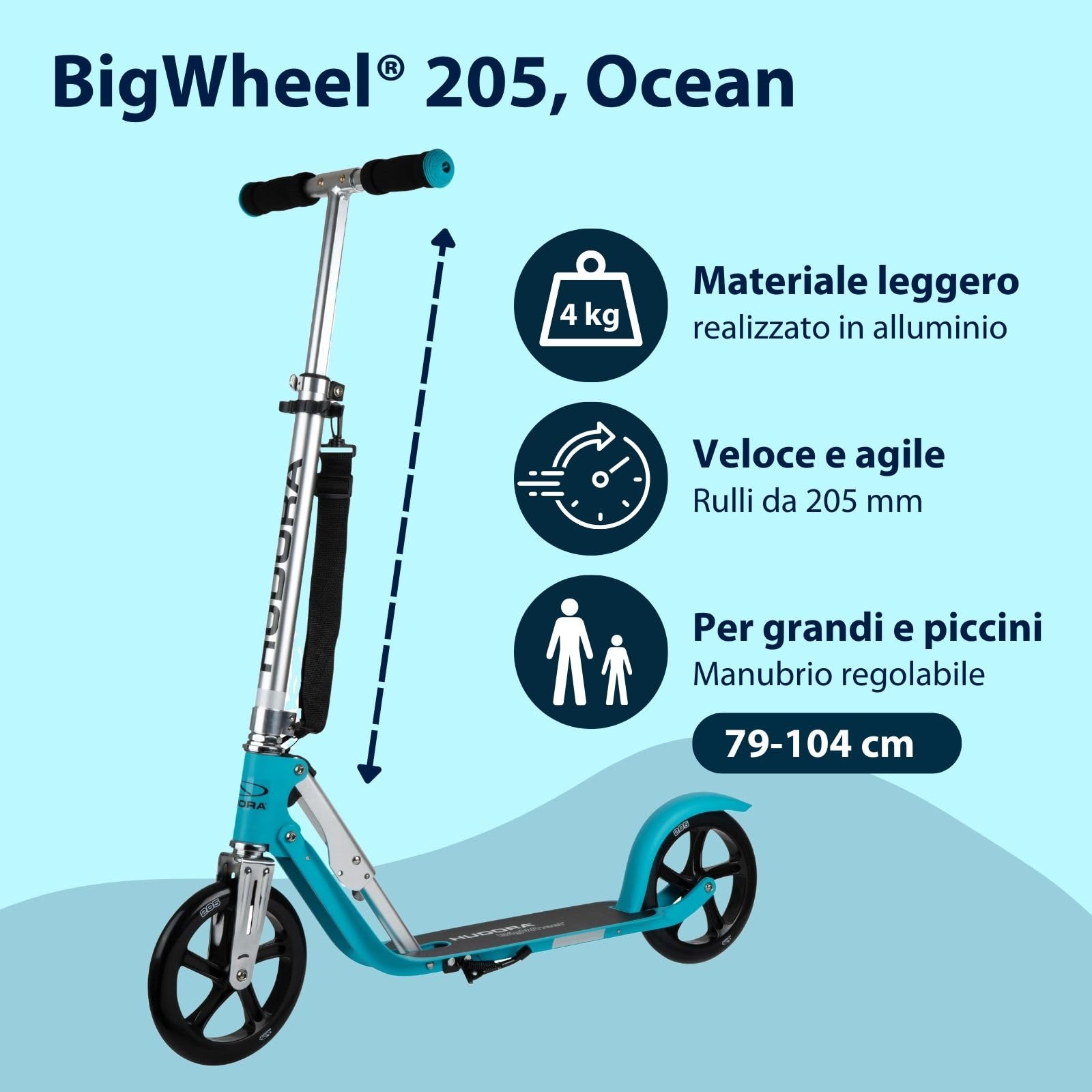 HUDORA BigWheel Scooter 205 I Robusto monopattino in alluminio I Monopattino da città regolabile in altezza e pieghevole I Monopattino per bambini e adulti fino a 100 kg