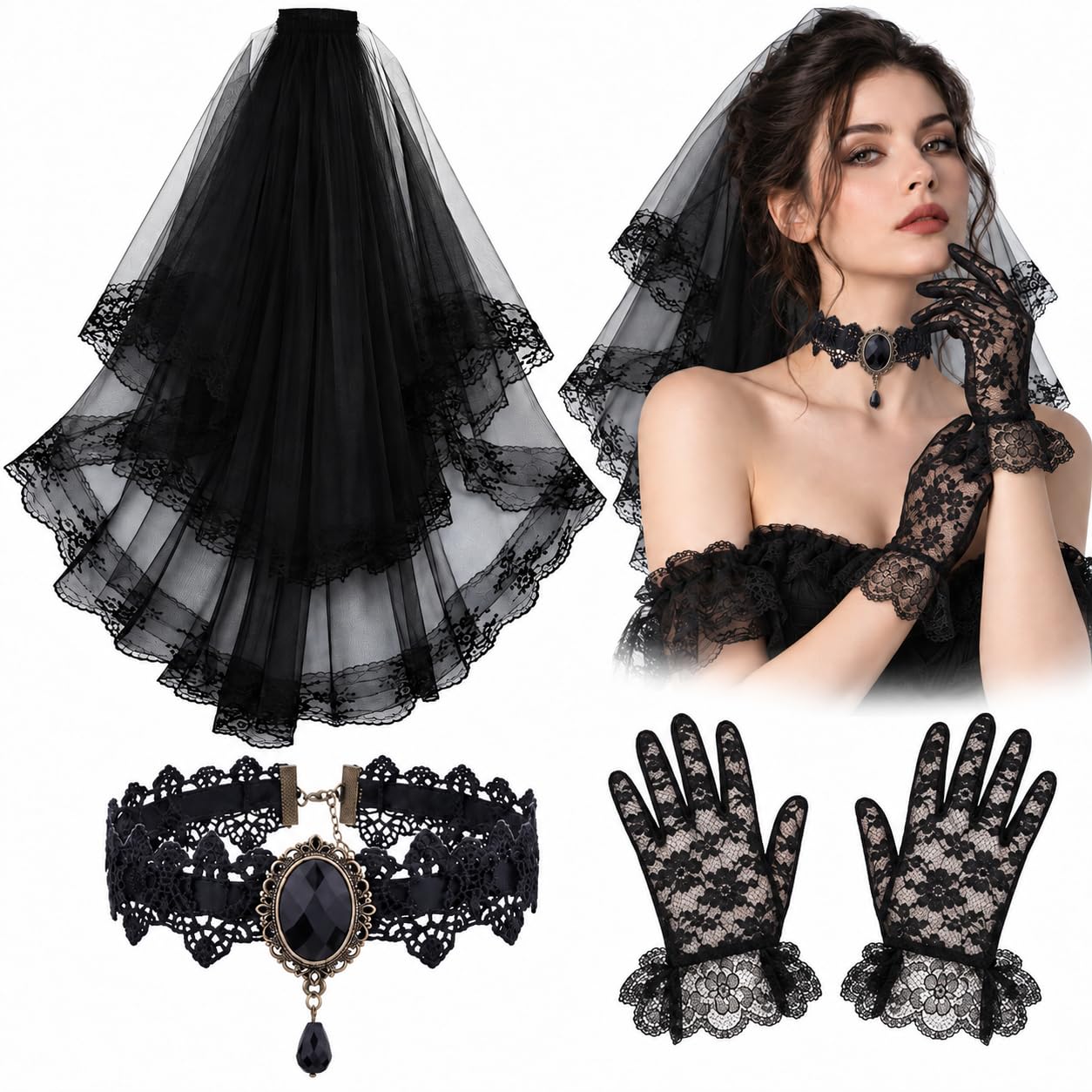 Black Veil Set, 3PCS Gothic Veill Lace Gloves and Necklace, Halloween Veil
