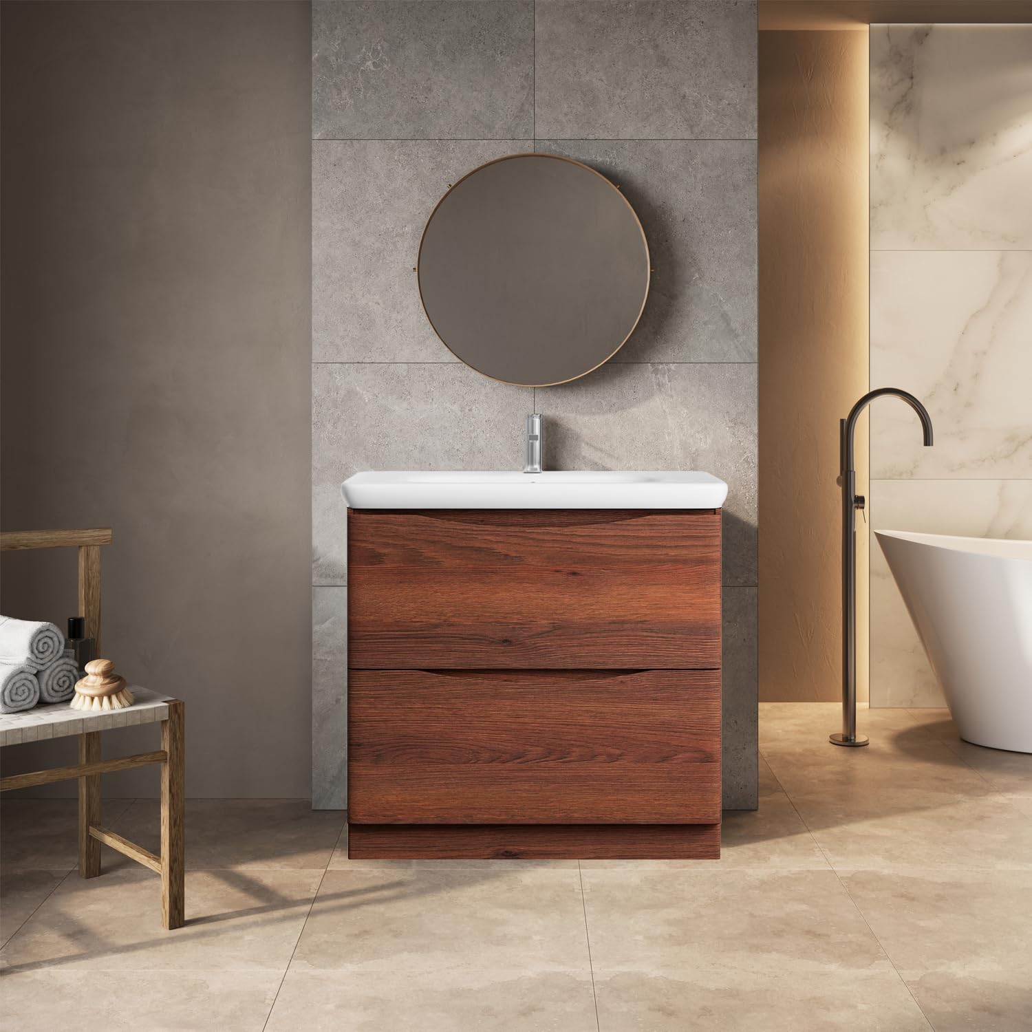 Go BathroomsEaton Redwood 900mm Floor Standing Vanity Unit Inc Round Resin Basin Sink Vanity Unit Under Sink Bathroom Cabinet Storage Vanity Sink