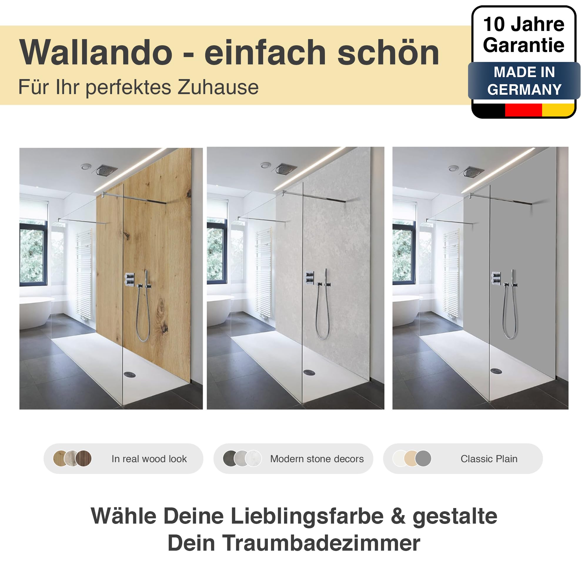 WALLando Premium Duschrückwand 250 x 100 cm Schwarzwaldeiche Hell | Einfach zu montierende Wandverkleidung für Dusche & Bad – Hochwertige PVC-Duschwand, einfarbig & seidenmatt – Hellgrau