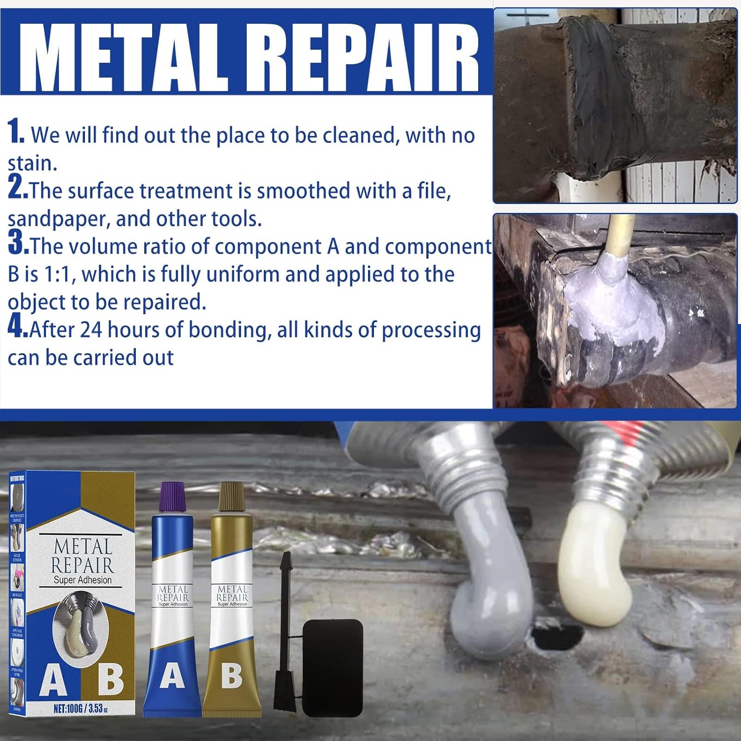 Metal Repair Glue, Liquid Weld for Metal, Industrial Heat Resistance Cold Weld Metal Repair Paste with Scraper, High Temperature Resistant Industrial Glue Welding Glue (100g 2Pcs)