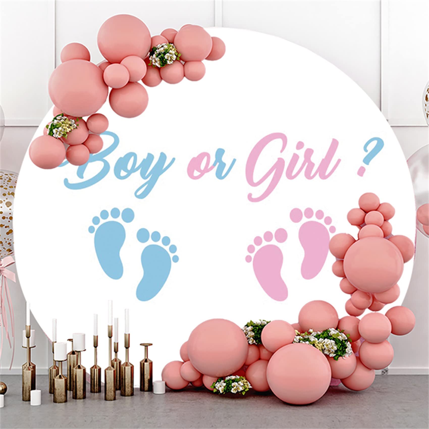 Laeacco 7.2x7.2ft Girl Or Boy Gender Reveal Round Backdrop Pink Blue Cloud Newborn Baby Shower Arch Background For Photography He Or She Neutral Reveal Party Cake Table Decor Portrait Photo Booth Prop - View #2