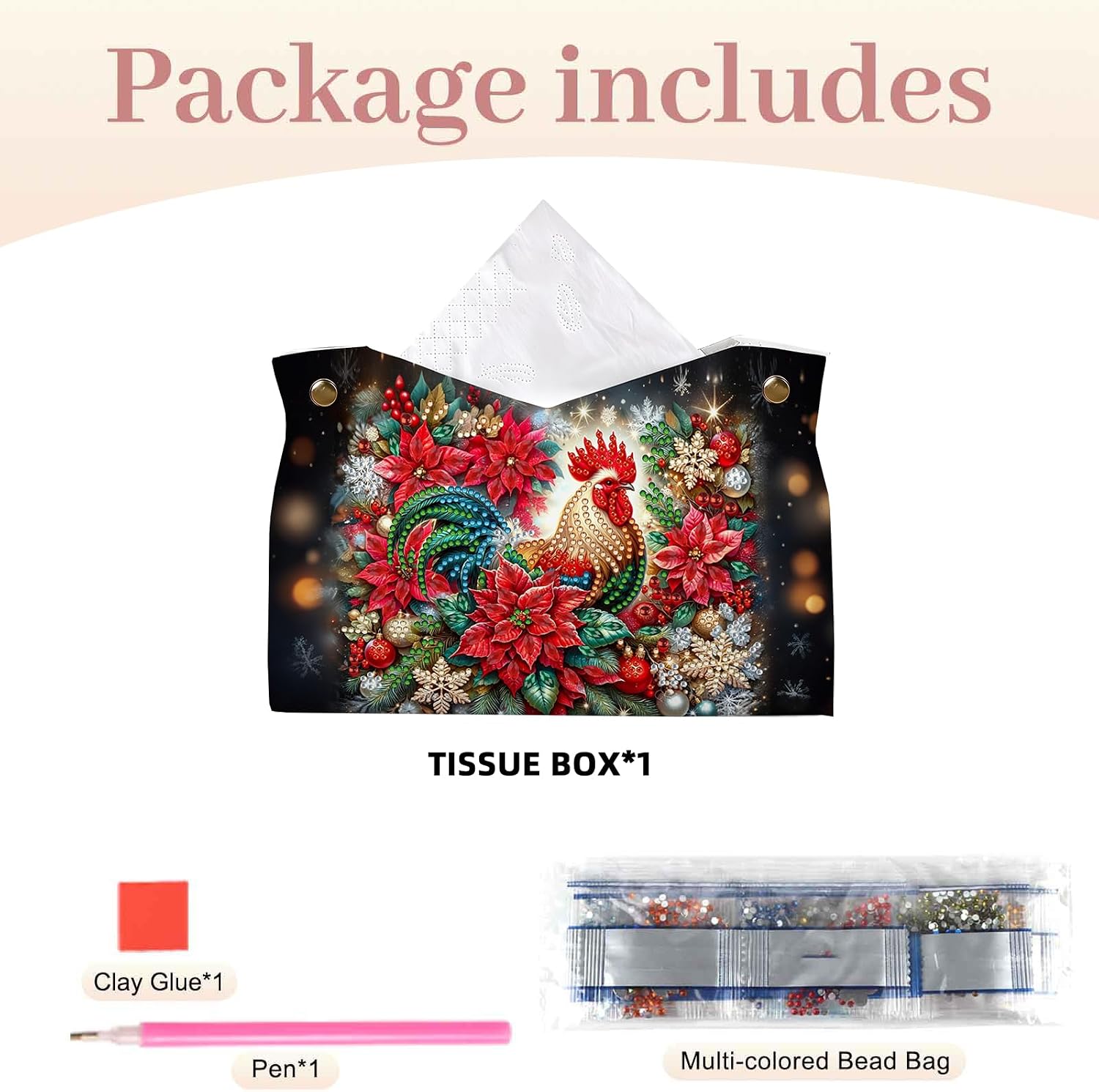 Christmas Rooster Bloom DIY PULeather Diamond Painting Tissue Box image 5
