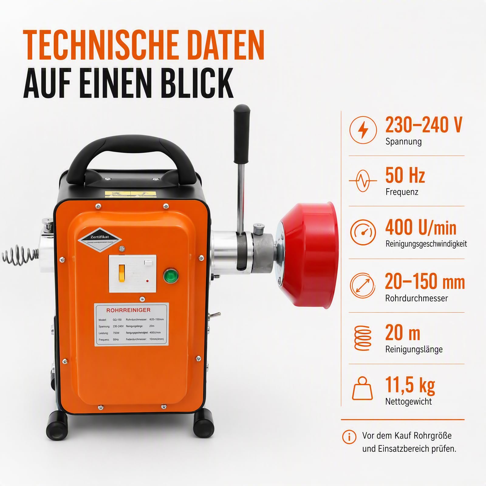 Rohrreinigungsspirale 750W Maschine 20m für Abfluss Kanal Reinigung