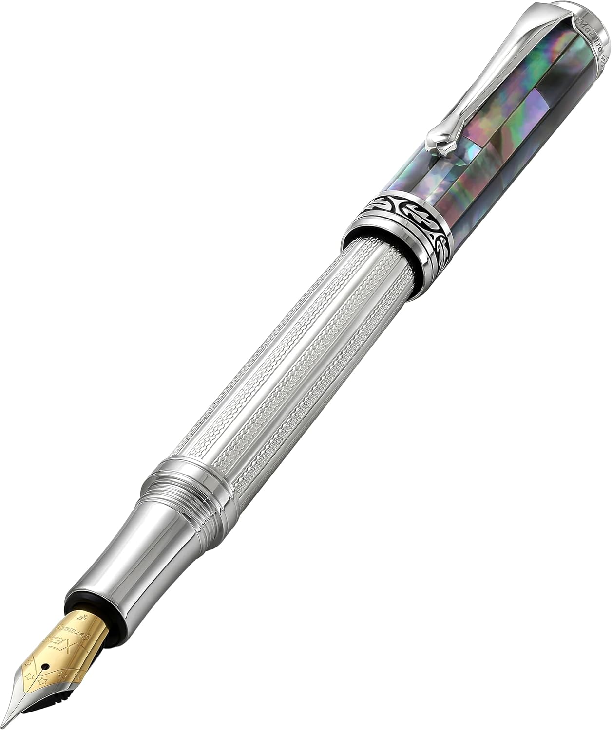 Xezo Maestro Fountain Pen, Fine Nib. Solid 925 Sterling Silver with Black Mother of Pearl Inlay. Platinum Plated Parts. Handcrafted, Limited Edition, Serialized