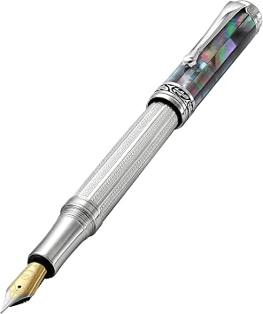 Xezo Maestro Fountain Pen, Fine Nib. Solid 925 Sterling Silver with Black Mother of Pearl Inlay. Platinum Plated Parts. Handcrafted, Limited Edition, Serialized