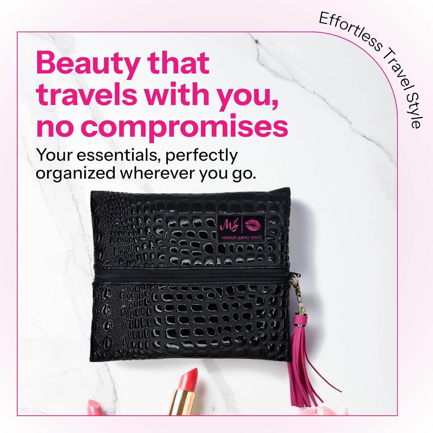 Makeup Junkie Small Makeup Bag - Bubble Gator Onyx - Patented Lay Flat Travel Toiletry Bag for Women - 7" x 9" Handmade USA Cosmetic Bag for Weekend Travel