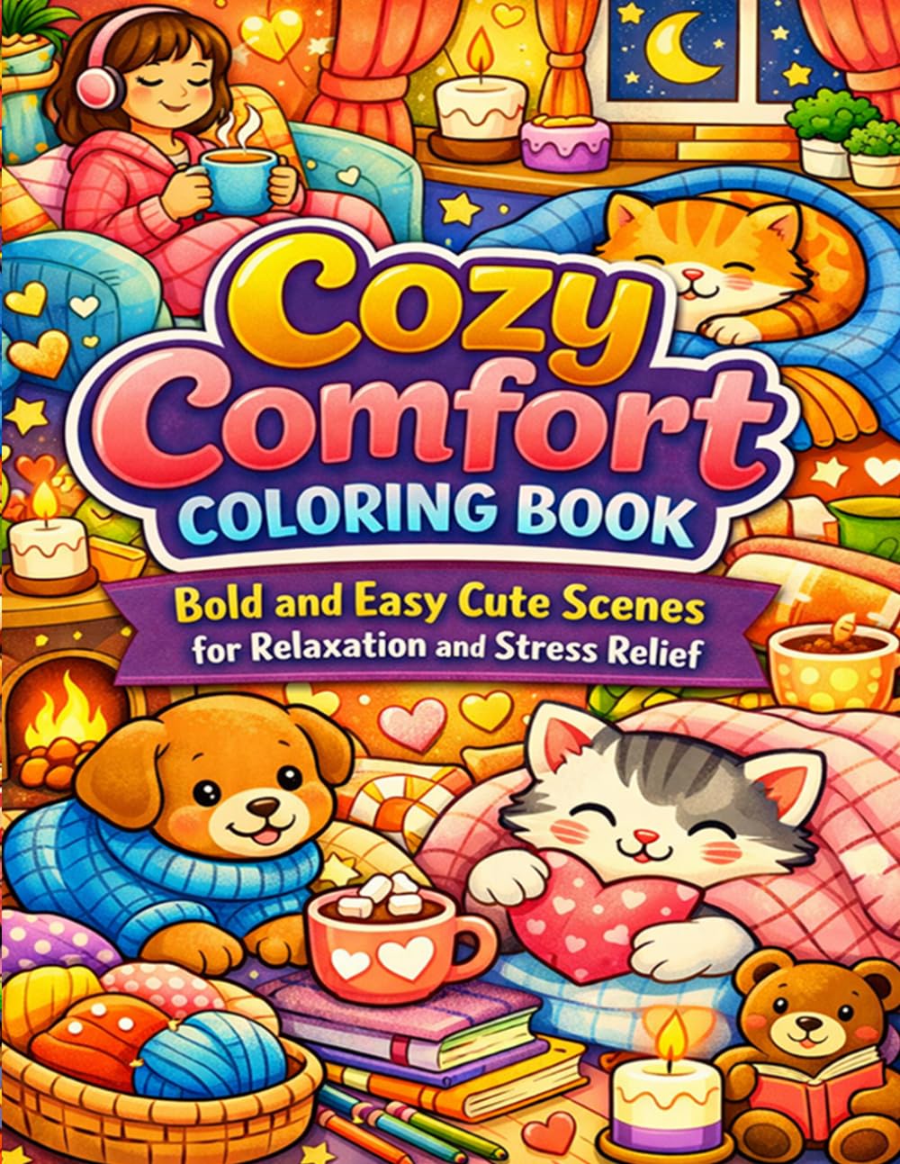 Cozy Comfort Coloring Book: Bold and Easy Cute Scenes for Relaxation and Stress Relief