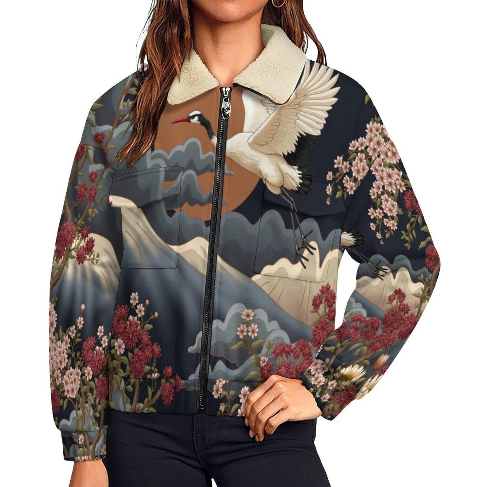 Veste polaire grise pour femme imprimé japonais - Chaleur thermique maximale et isolation hiver - 8