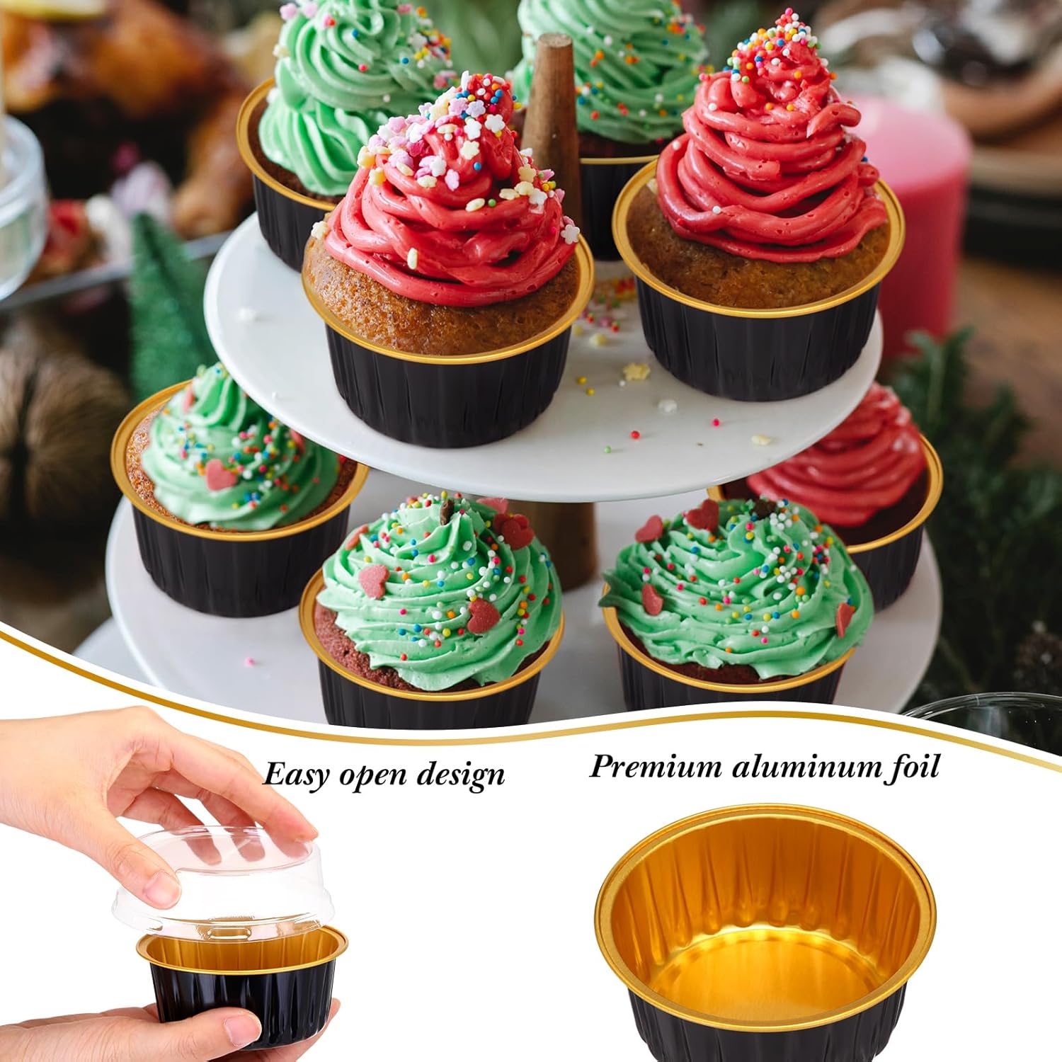 Gejoy 400 Pcs Aluminum Foil Baking Cups with Lids 5 oz Disposable Ramekins Mini Cake Pans Creme Brulee Cupcake Liners Muffin Tins Flan Mold Dessert Container for Wedding(Black, Gold,Classic)